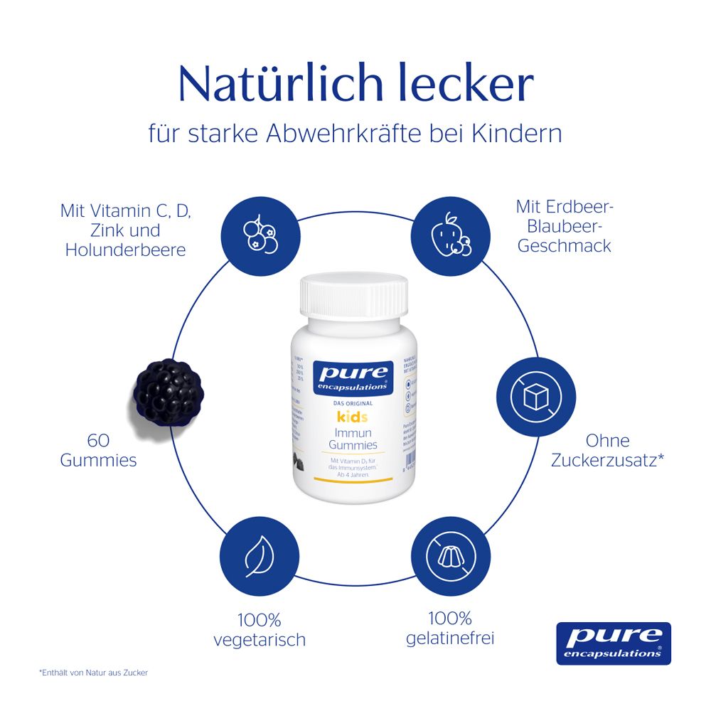 Flasche "pure encapsulations kids Immun Gummies" umgeben von Icons. 60 Gummies, vegetarisch, zuckerfrei.