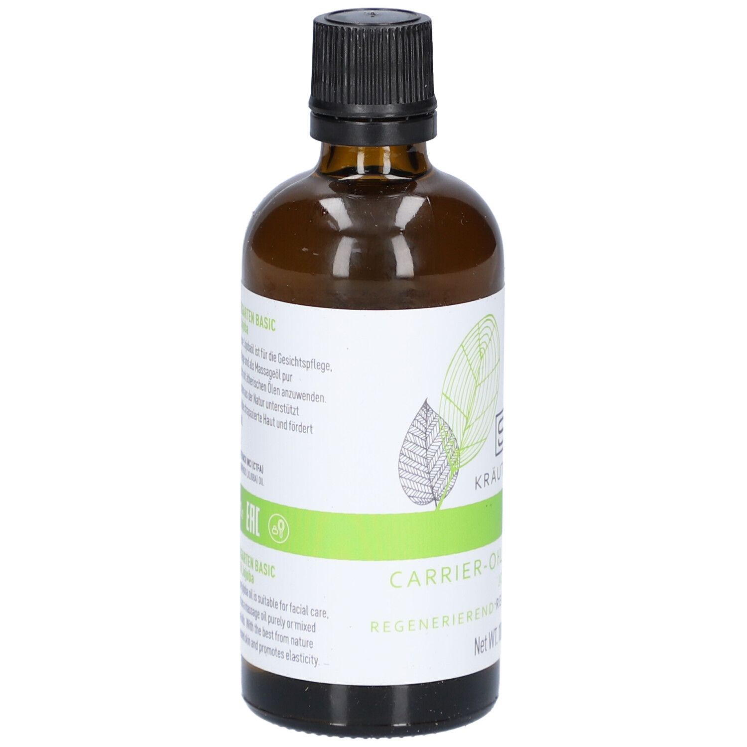 Braune Glasflasche. Etikett mit Text in deutscher und englischer Sprache. Grün-weißes Design mit Blattmotiv.