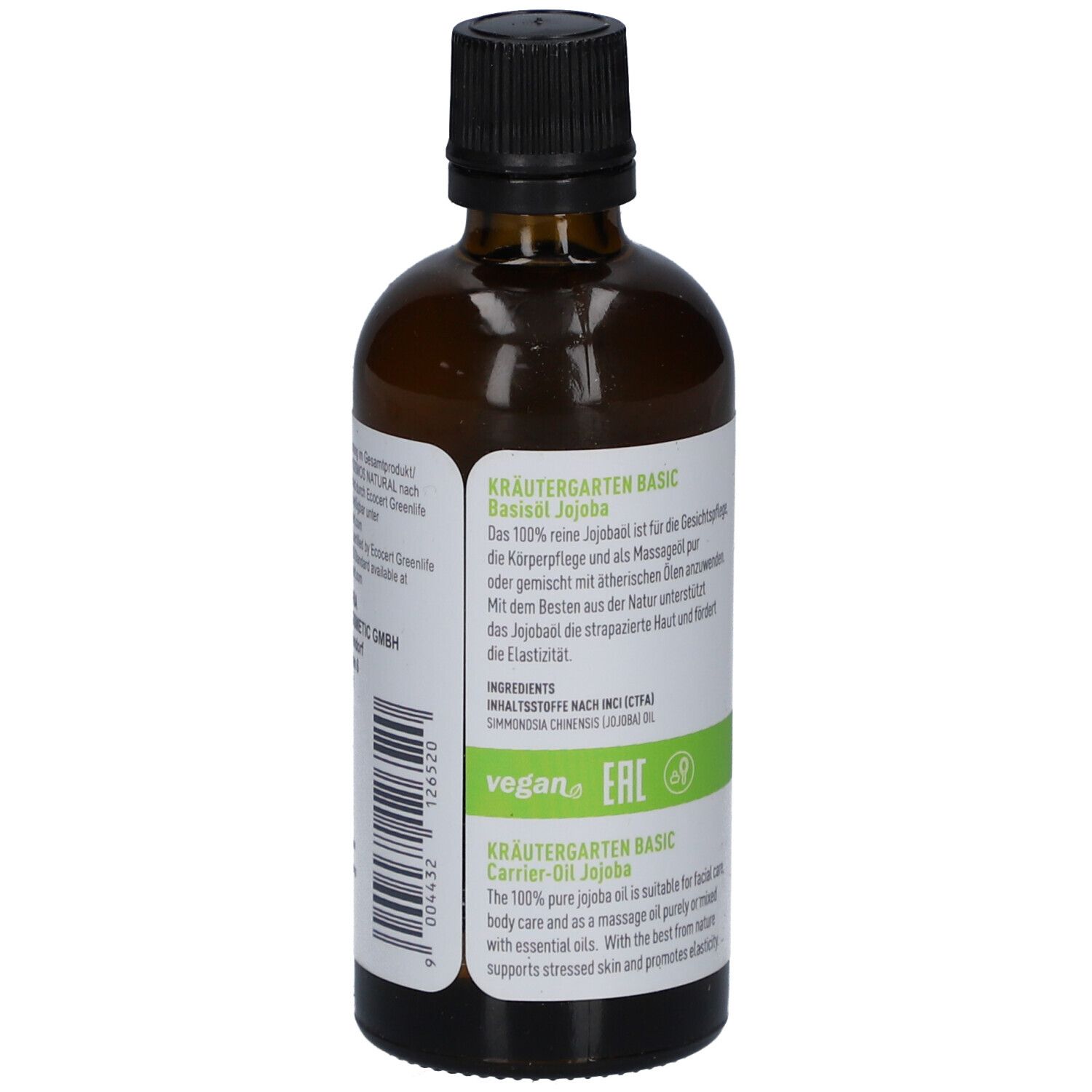 Braune Glasflasche. Etikett mit Text in deutscher Sprache. Vegan-Siegel und ECOCERT-Logo.