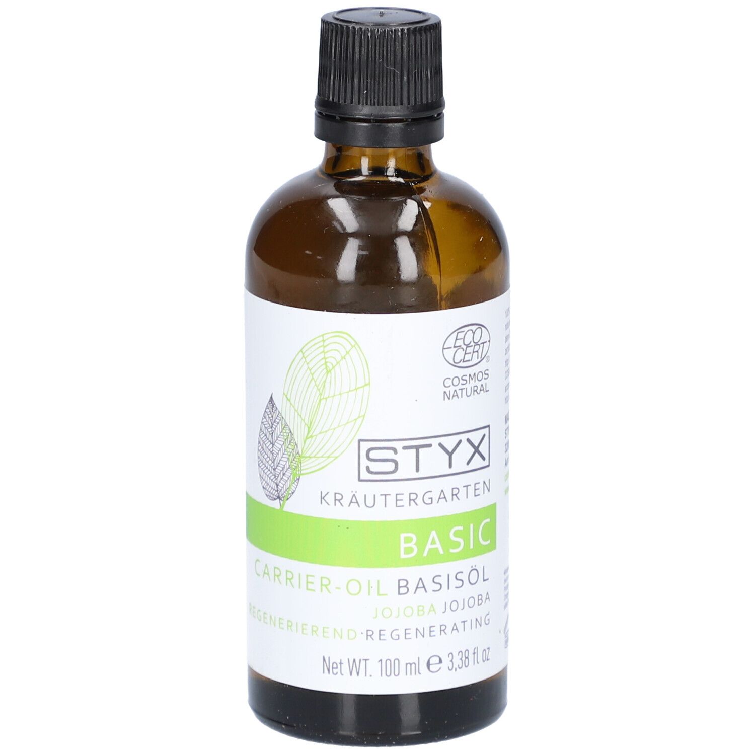 Braune Glasflasche mit schwarzem Deckel. Etikett mit STYX Kräutergarten, BASIC, Jojoba-Öl und Cosmos Natural-Zertifizierung.