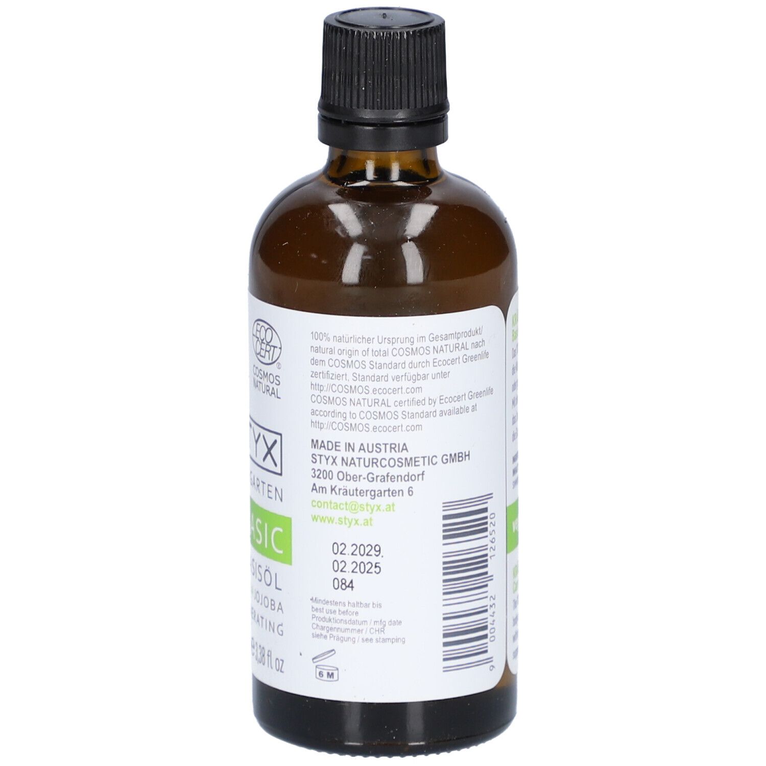 Braune Glasflasche. Etikett mit Text in deutscher Sprache. ECOCERT-Logo und Herstellerinformationen.