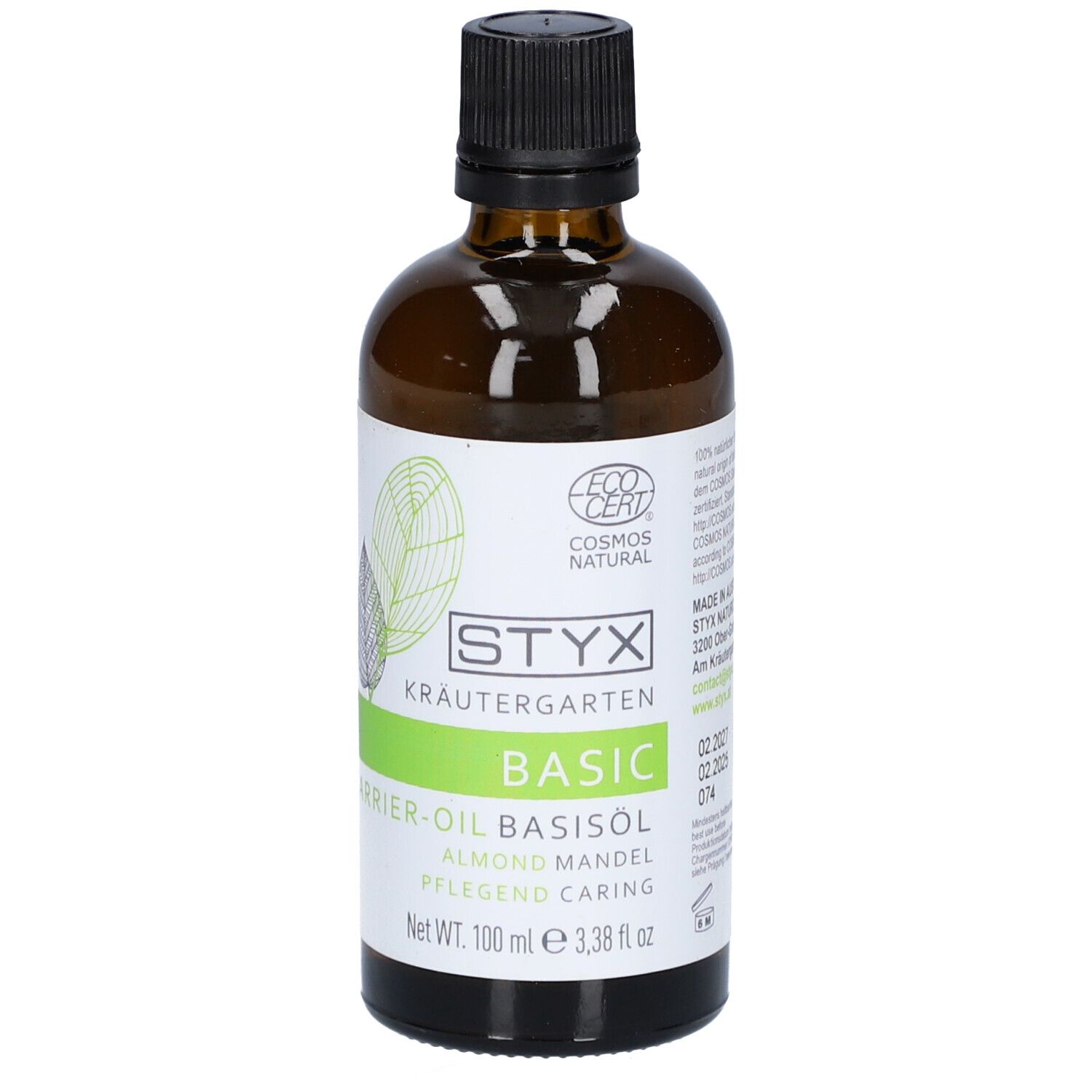 Braune Glasflasche mit schwarzem Deckel. Etikett mit STYX Kräutergarten Basic, COSMOS NATURAL Zertifizierung. Text: Basisöl Mandel.