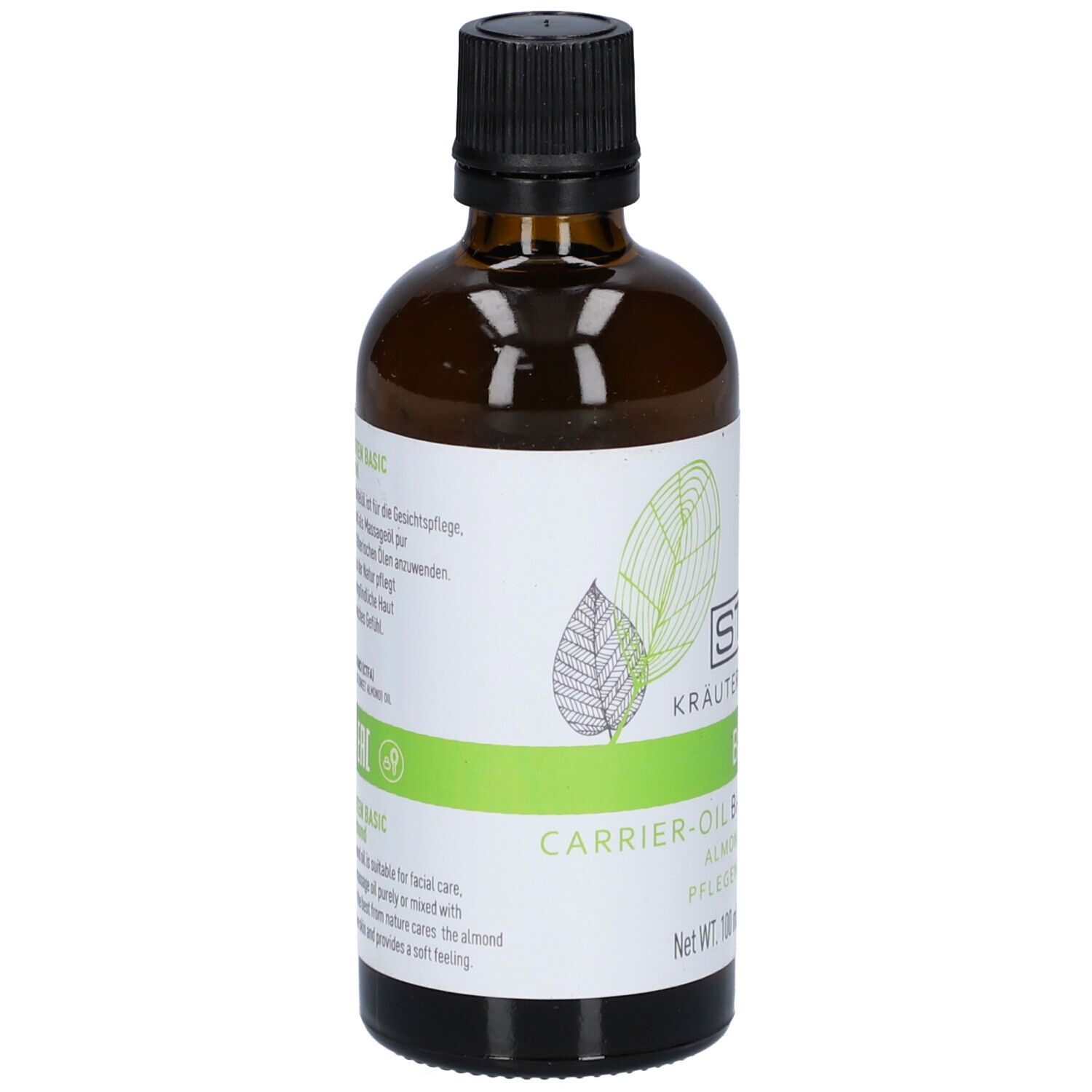 Braune Glasflasche mit schwarzem Deckel. Etikett mit STYX Kräutergarten Basic. Text: Carrier-Oil Basisöl, Mandel, Pflege.