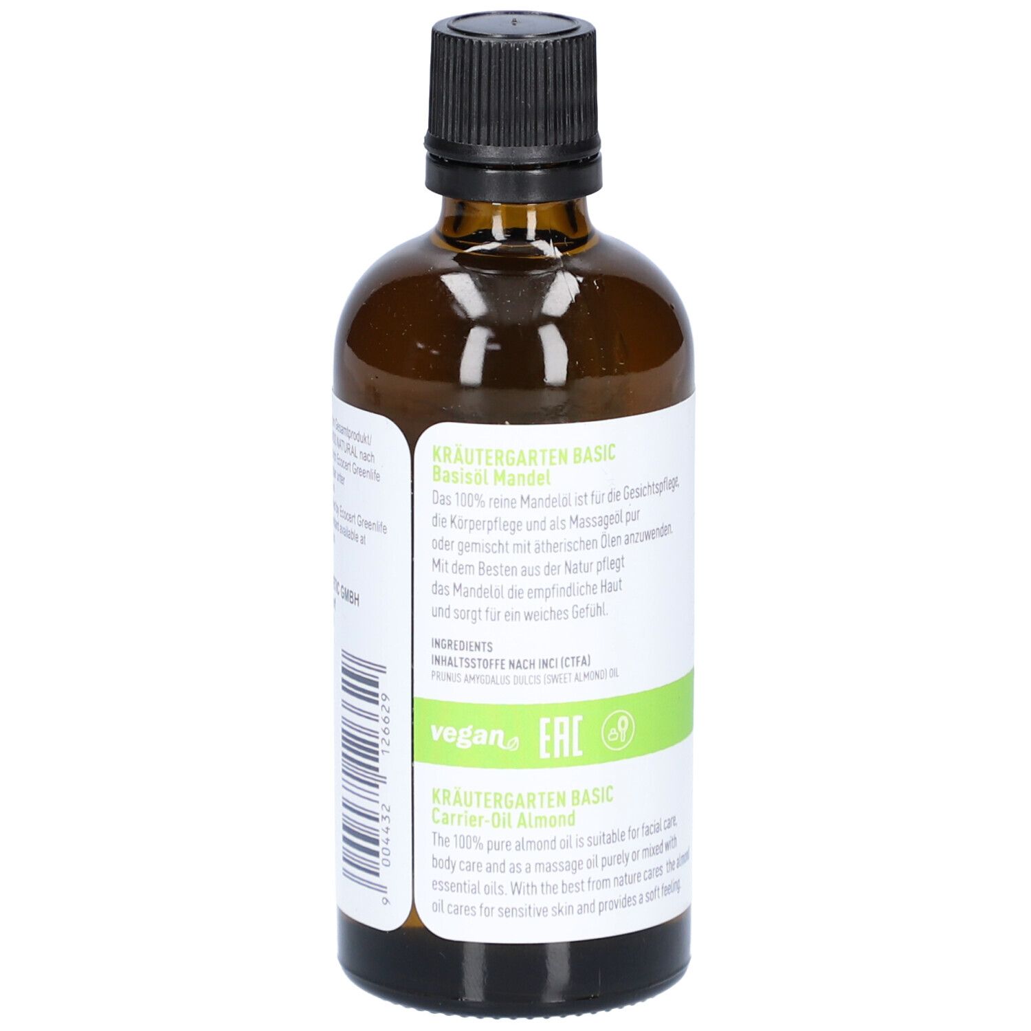 Braune Glasflasche mit schwarzem Deckel. Etikett mit STYX Kräutergarten Basic, vegan-Logo. Text: Basisöl Mandel, 100% Mandelöl.