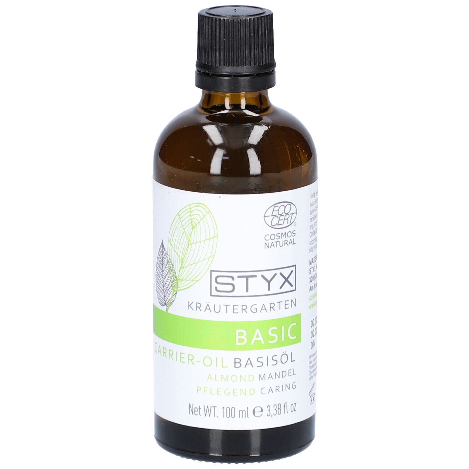 Braune Glasflasche mit schwarzem Deckel. Etikett mit STYX Kräutergarten Basic, COSMOS NATURAL Zertifizierung. Text: Basisöl Mandel.