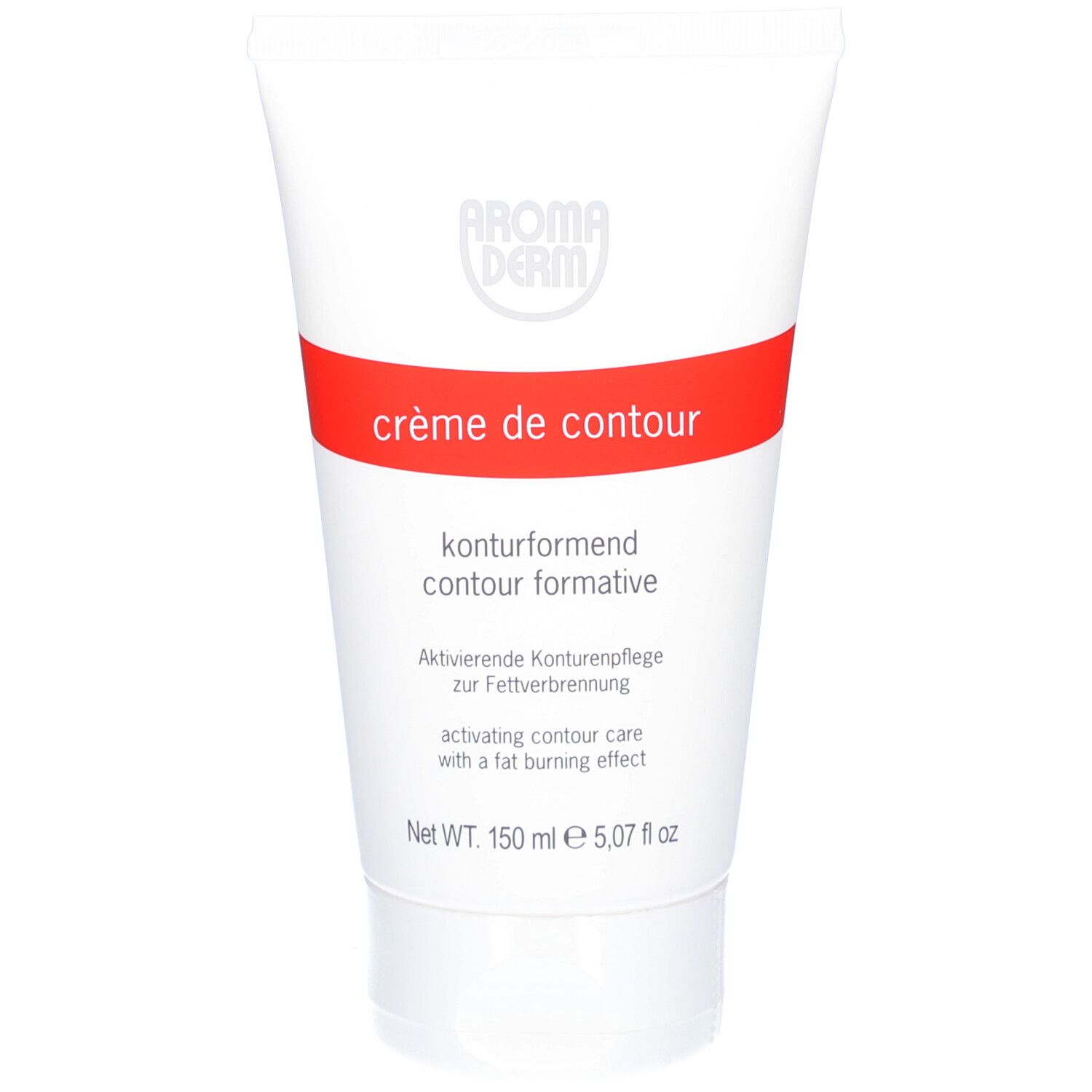 Weiße Tube mit rotem Streifen. Aufschrift: "crème de contour", "AROMA DERM". Text in Deutsch und Englisch. Nettofüllmenge: 150 ml.