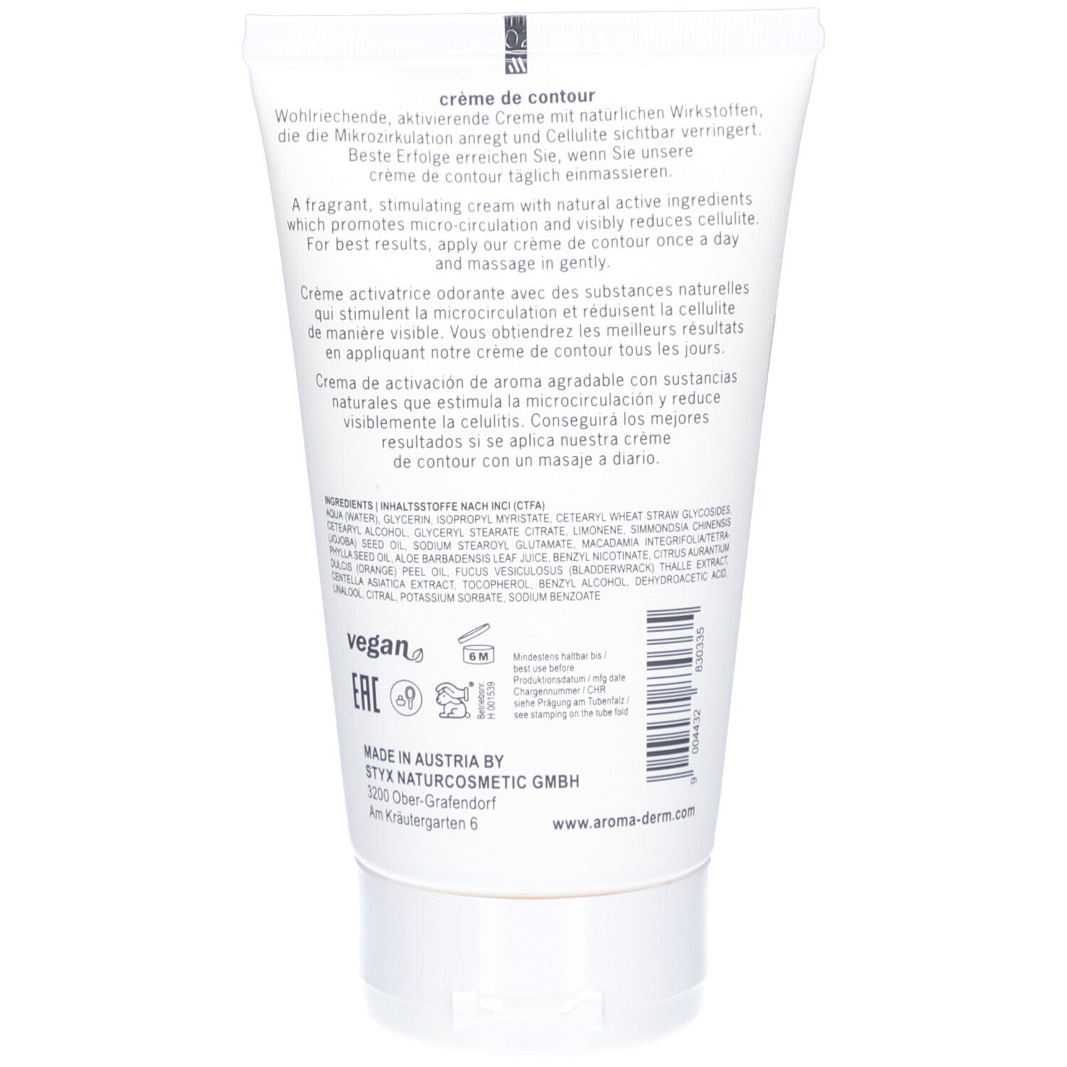 Rückseite der Tube. Text in Deutsch, Englisch und Spanisch. Inhaltsstoffe und Herstellerinformationen. Vegan-Logo und EAN-Code.