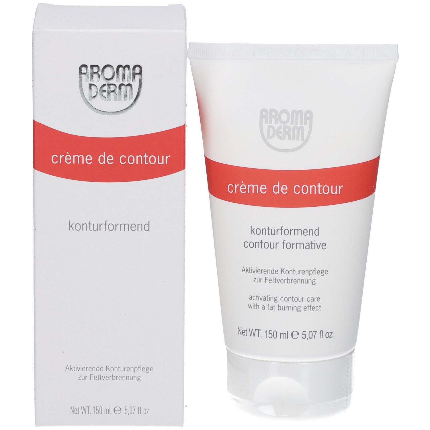 Produktverpackung mit Tube. Weiße Schachtel und Tube mit rotem Streifen. Aufschrift: "crème de contour", "AROMA DERM".