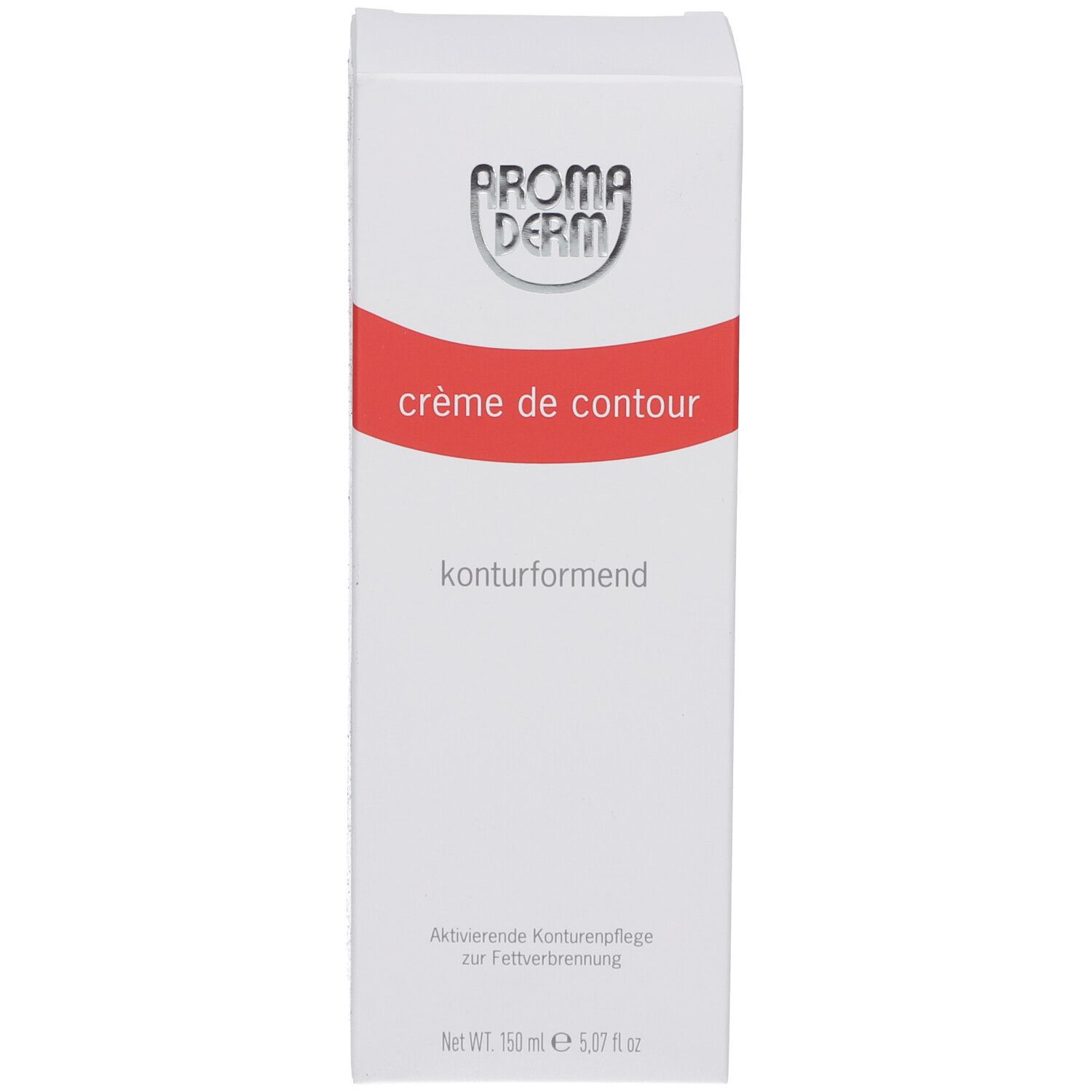 Weiße Schachtel mit rotem Streifen. Aufschrift: "crème de contour", "AROMA DERM". Text: "konturformend".