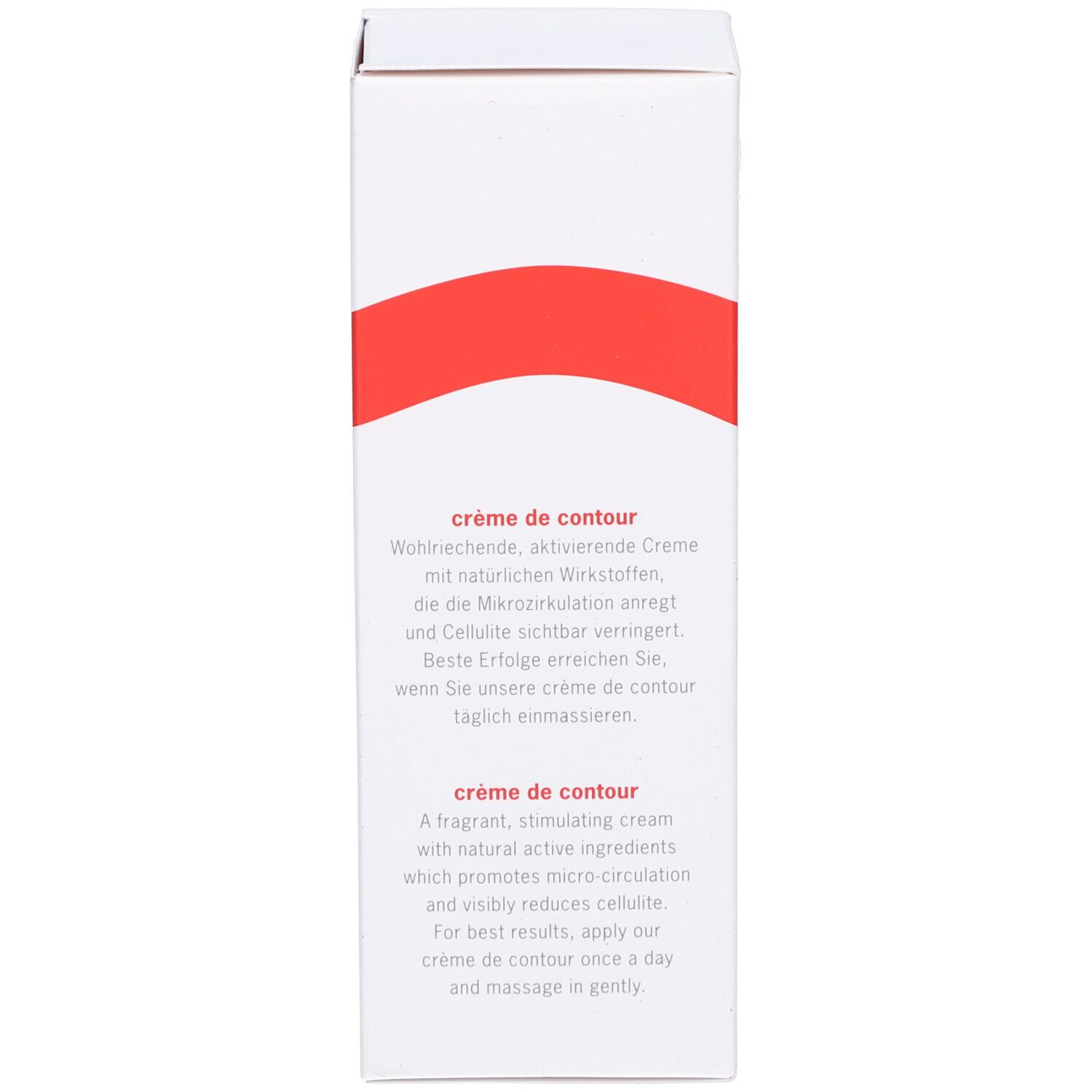 Rückseite der Schachtel. Aufschrift: "crème de contour". Text in Deutsch und Englisch. Roter Streifen.