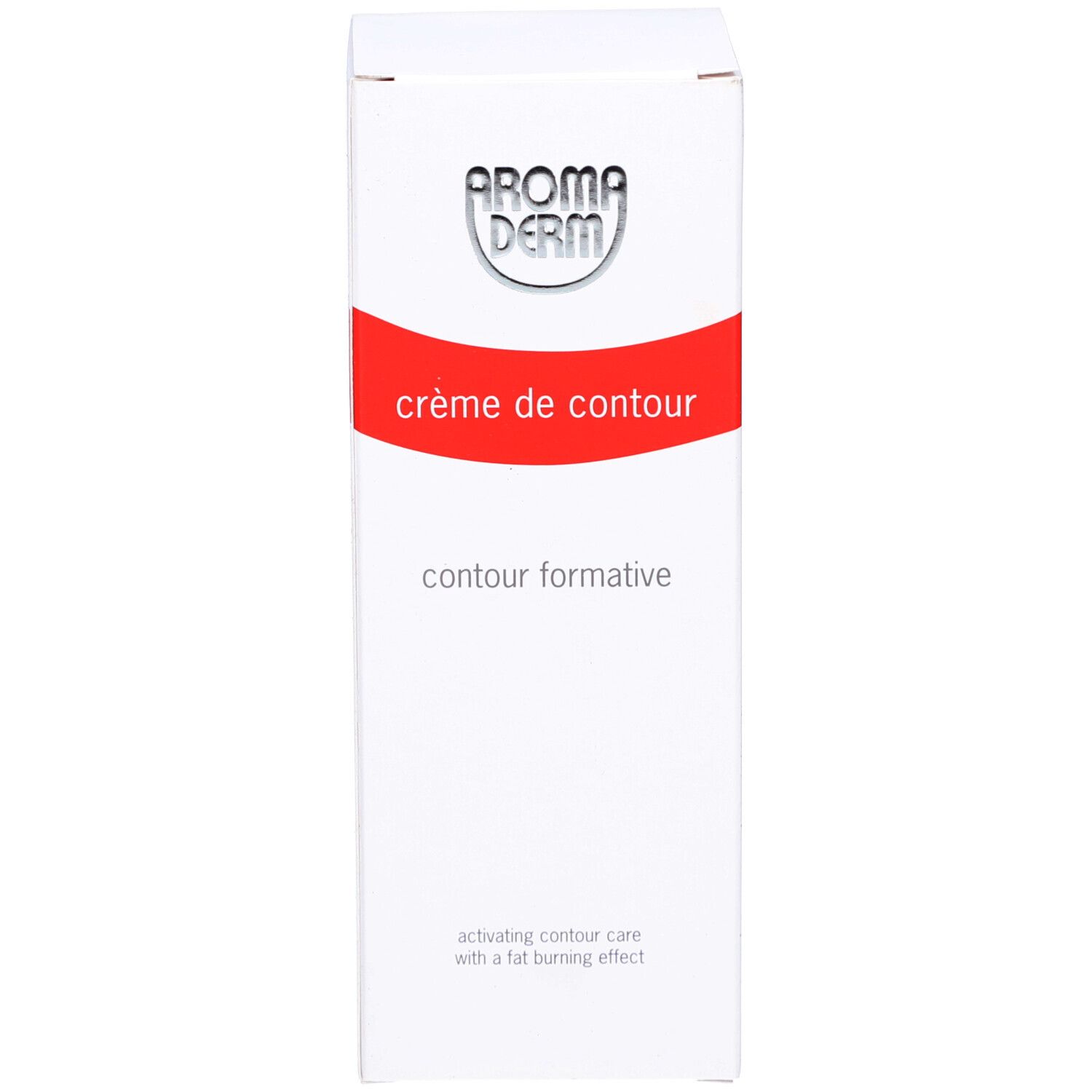 Weiße Schachtel mit rotem Streifen. Aufschrift: "crème de contour", "AROMA DERM". Text: "contour formative".
