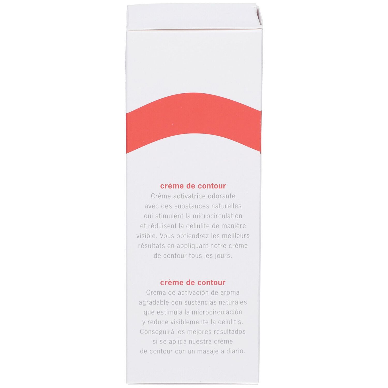 Rückseite der Schachtel. Aufschrift: "crème de contour". Text in Deutsch, Englisch und Spanisch. Roter Streifen.