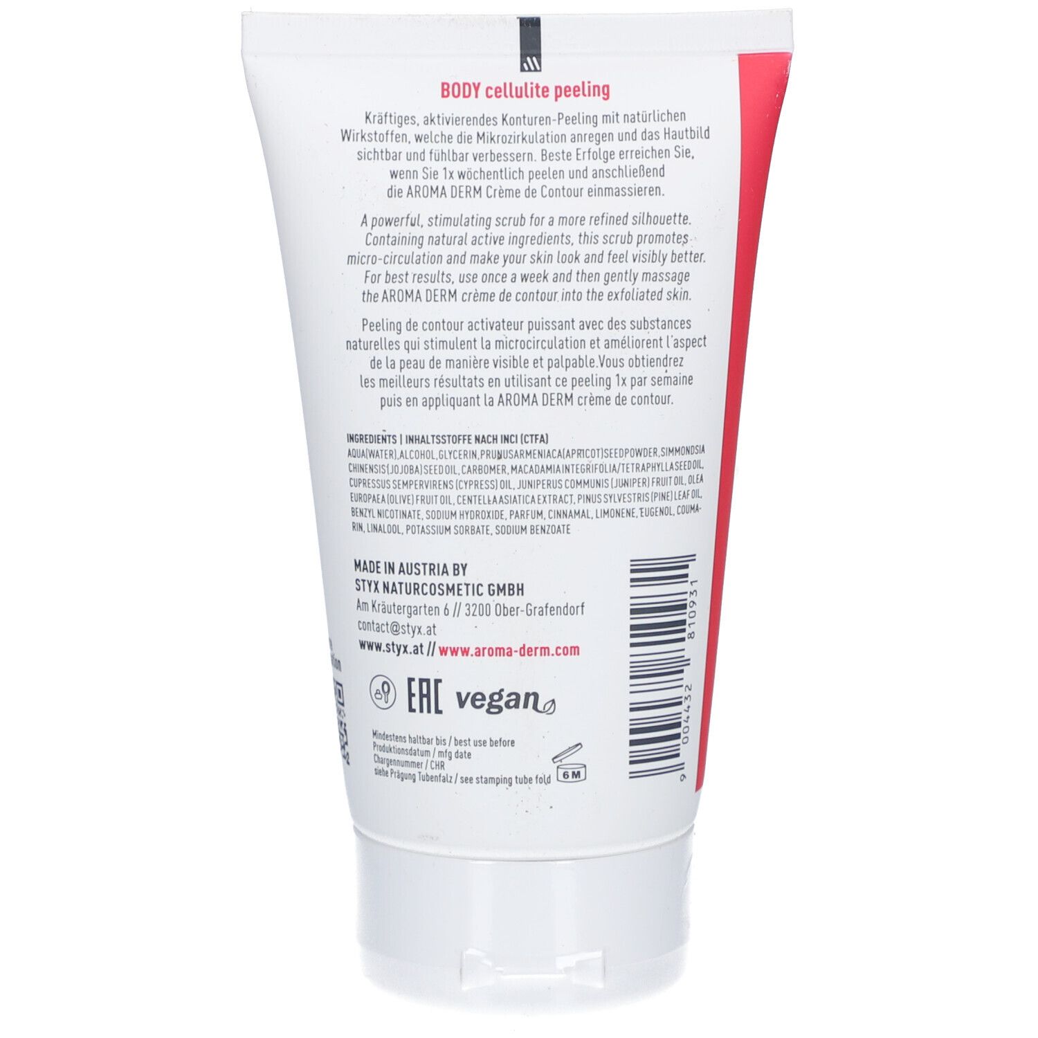 Rückseite der Tube. Text: Body Cellulite Peeling. Inhaltsstoffe, Herstellerinformationen, Vegan-Siegel.