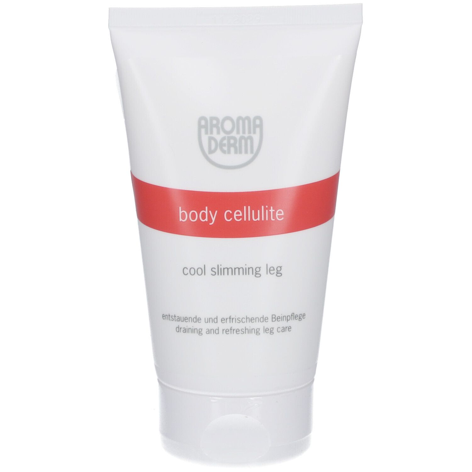 Weiße Tube mit rotem Streifen. Text: Aroma Derm, body cellulite, cool slimming leg. Aufschrift: entwässernde und erfrischende Beinpflege.