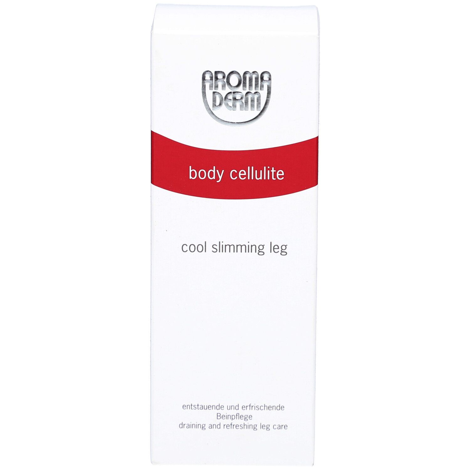 Weiße Schachtel mit rotem Streifen. Text: Aroma Derm, body cellulite, cool slimming leg. Aufschrift: entwässernde und erfrischende Beinpflege.
