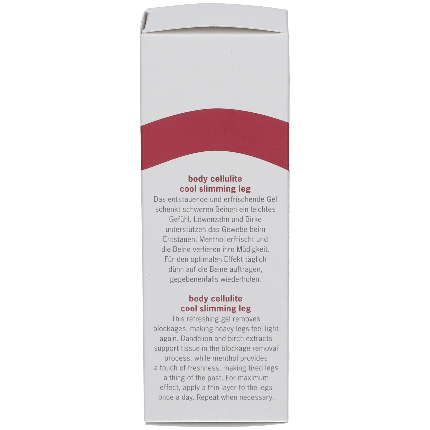 Rückseite der Schachtel. Text: body cellulite cool slimming leg. Produktbeschreibung in Deutsch und Englisch.