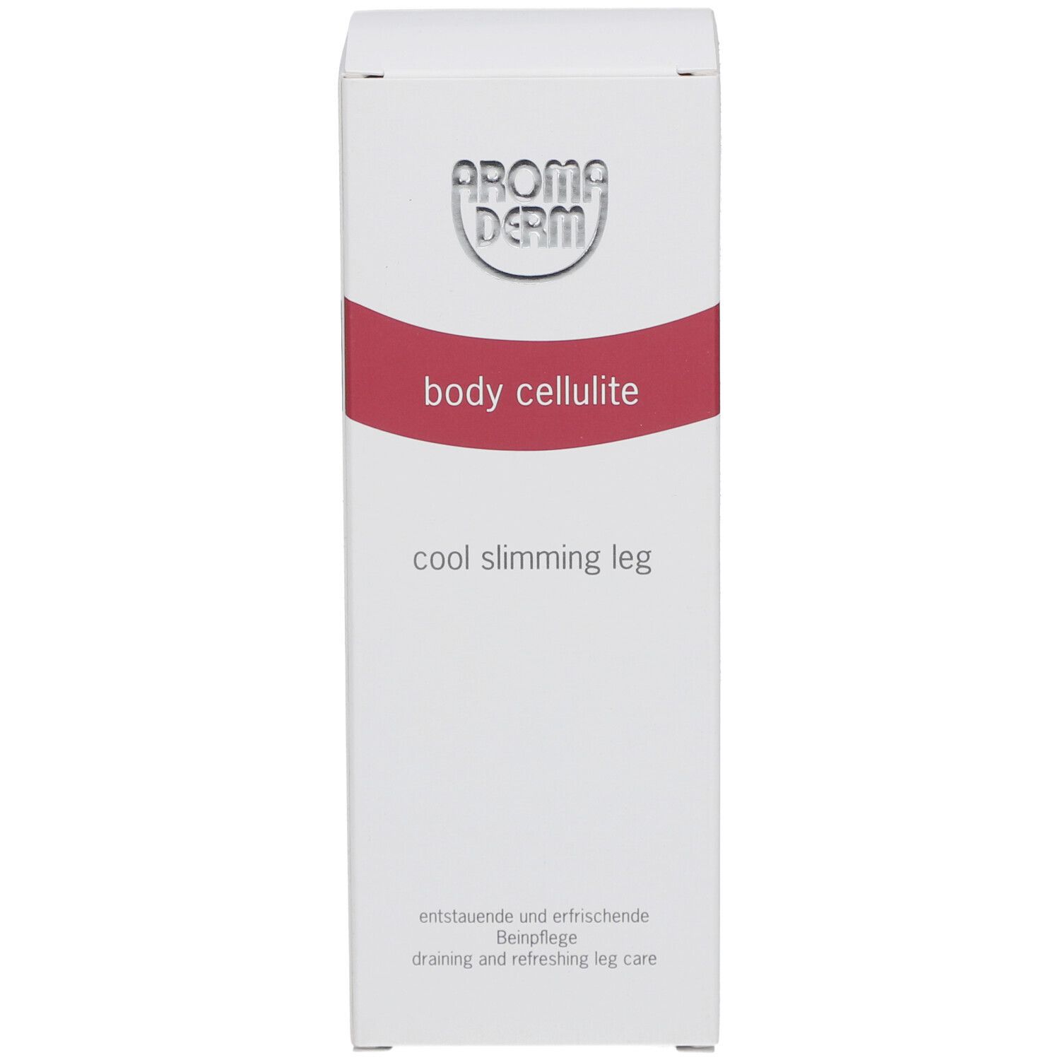 Vorderseite der Schachtel. Text: Aroma Derm, body cellulite, cool slimming leg. Aufschrift: entwässernde und erfrischende Beinpflege.
