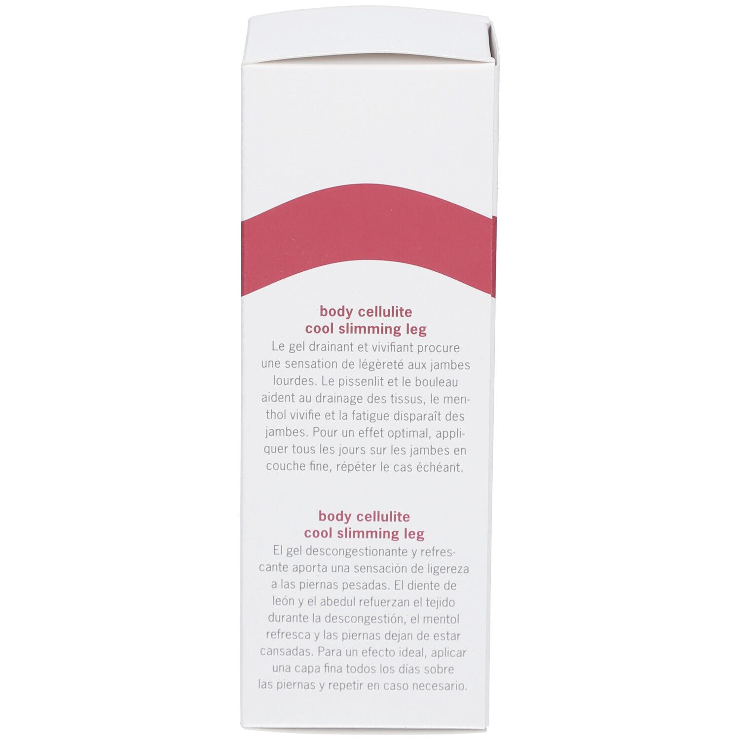 Rückseite der Schachtel. Text: body cellulite cool slimming leg. Produktbeschreibung in Französisch und Spanisch.