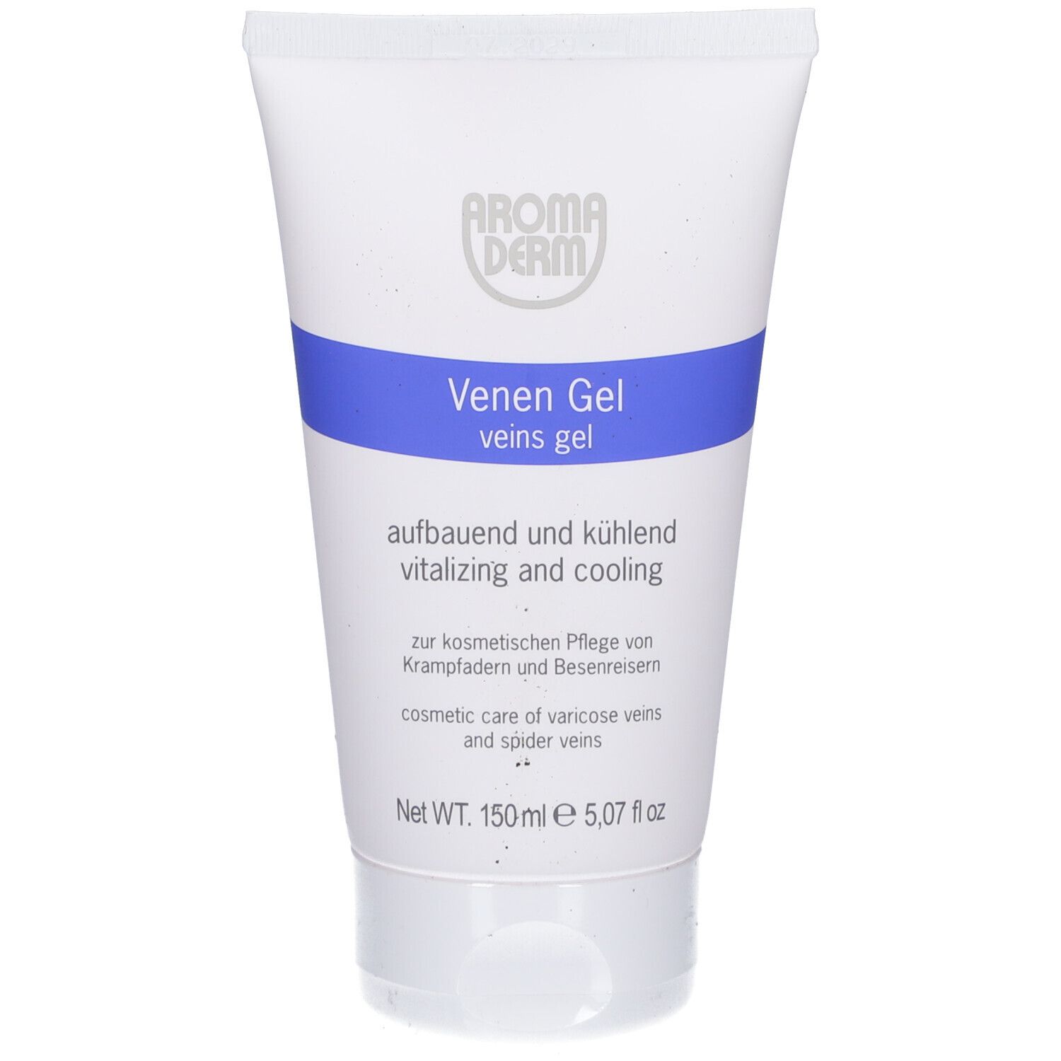 Weiße Tube mit blauem Streifen. Aufschrift: Aroma Derm Venen Gel. Text: aufbauend und kühlend. Net WT. 150 ml.