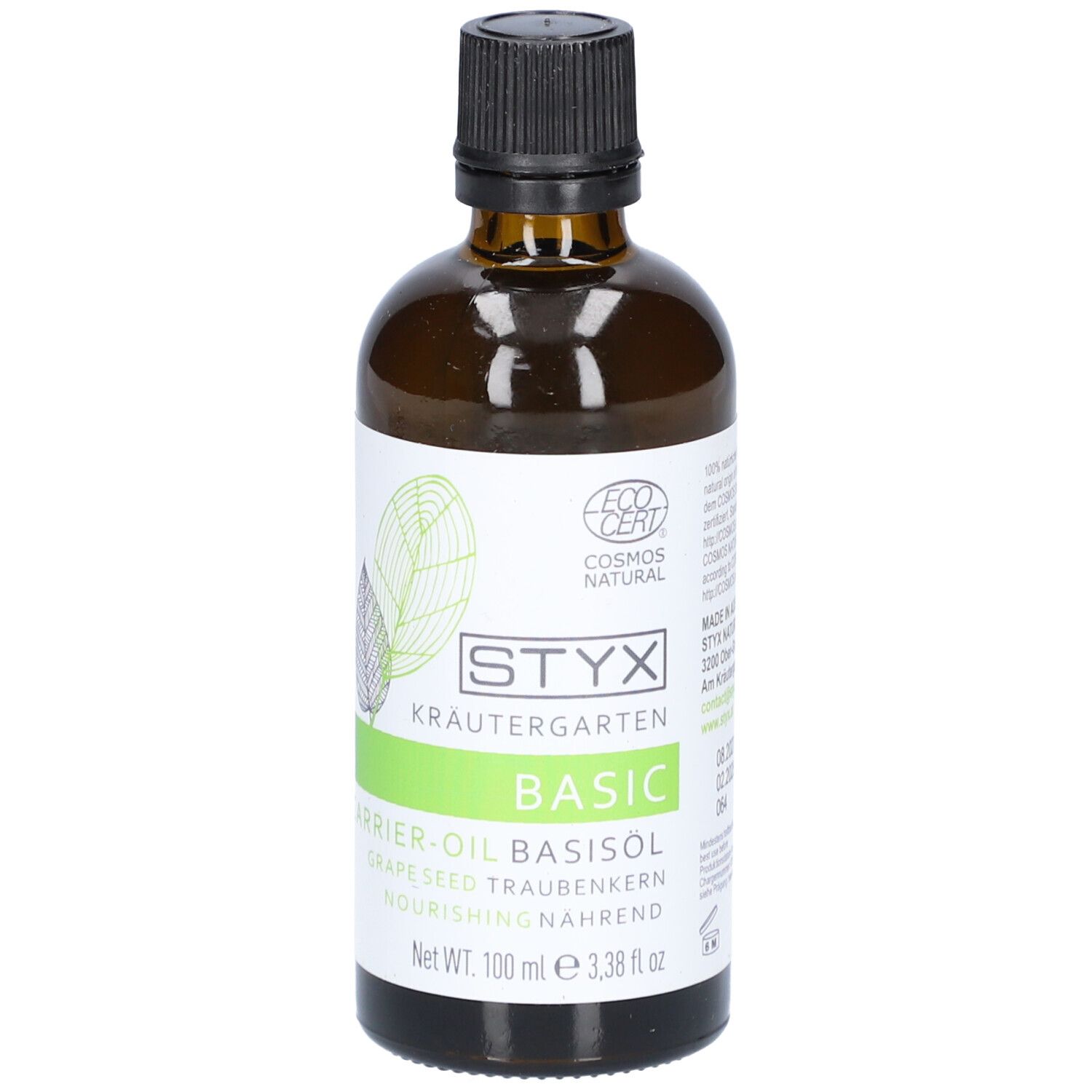 Braune Glasflasche mit schwarzem Deckel. Weißes Etikett mit STYX-Logo, Kräutergarten, BASIC, Traubenkernöl. ECO CERT-Siegel.