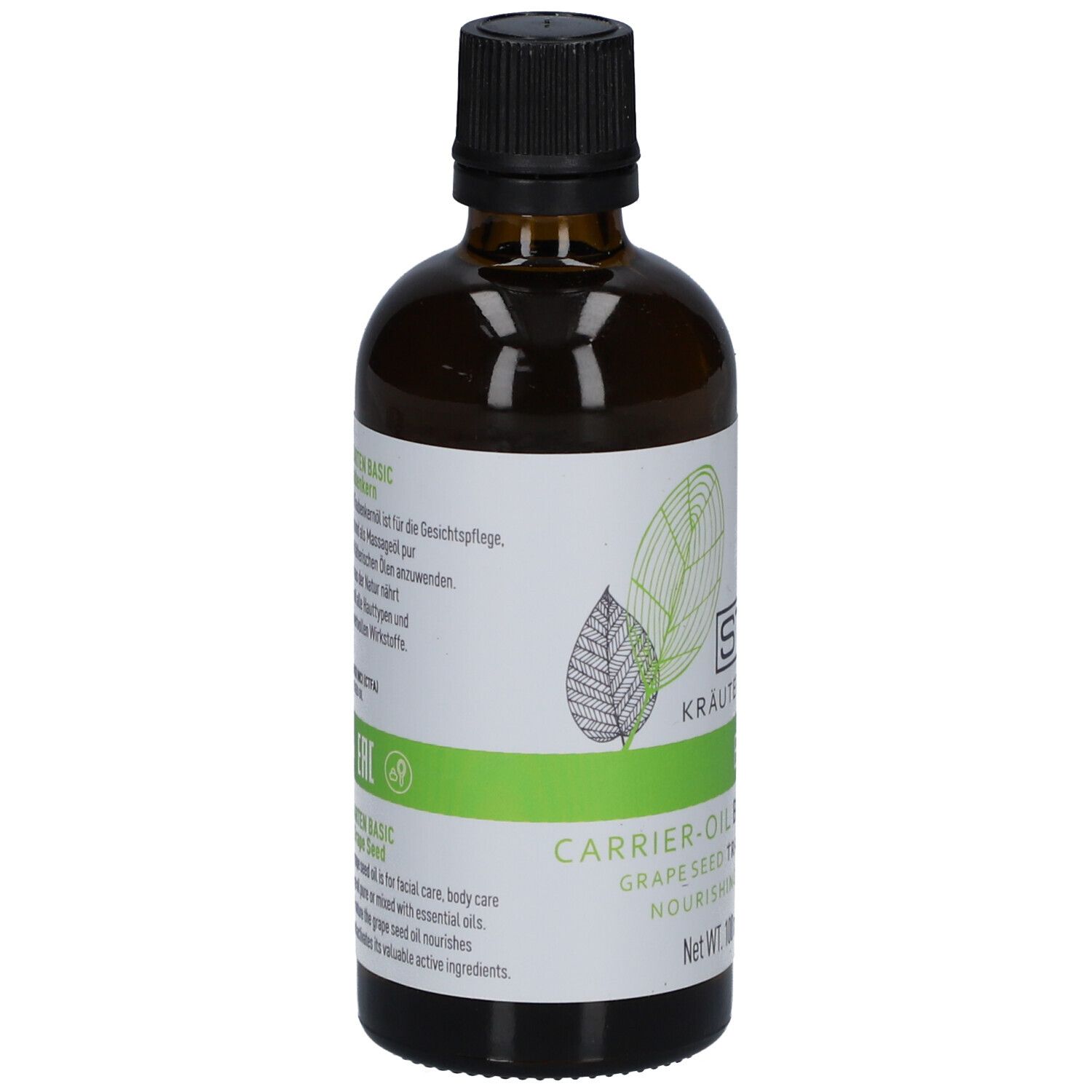 Braune Glasflasche mit schwarzem Deckel. Weißes Etikett mit STYX-Logo und grünen Akzenten. Text: Carrier-Oil, Grape Seed, Nourishing.