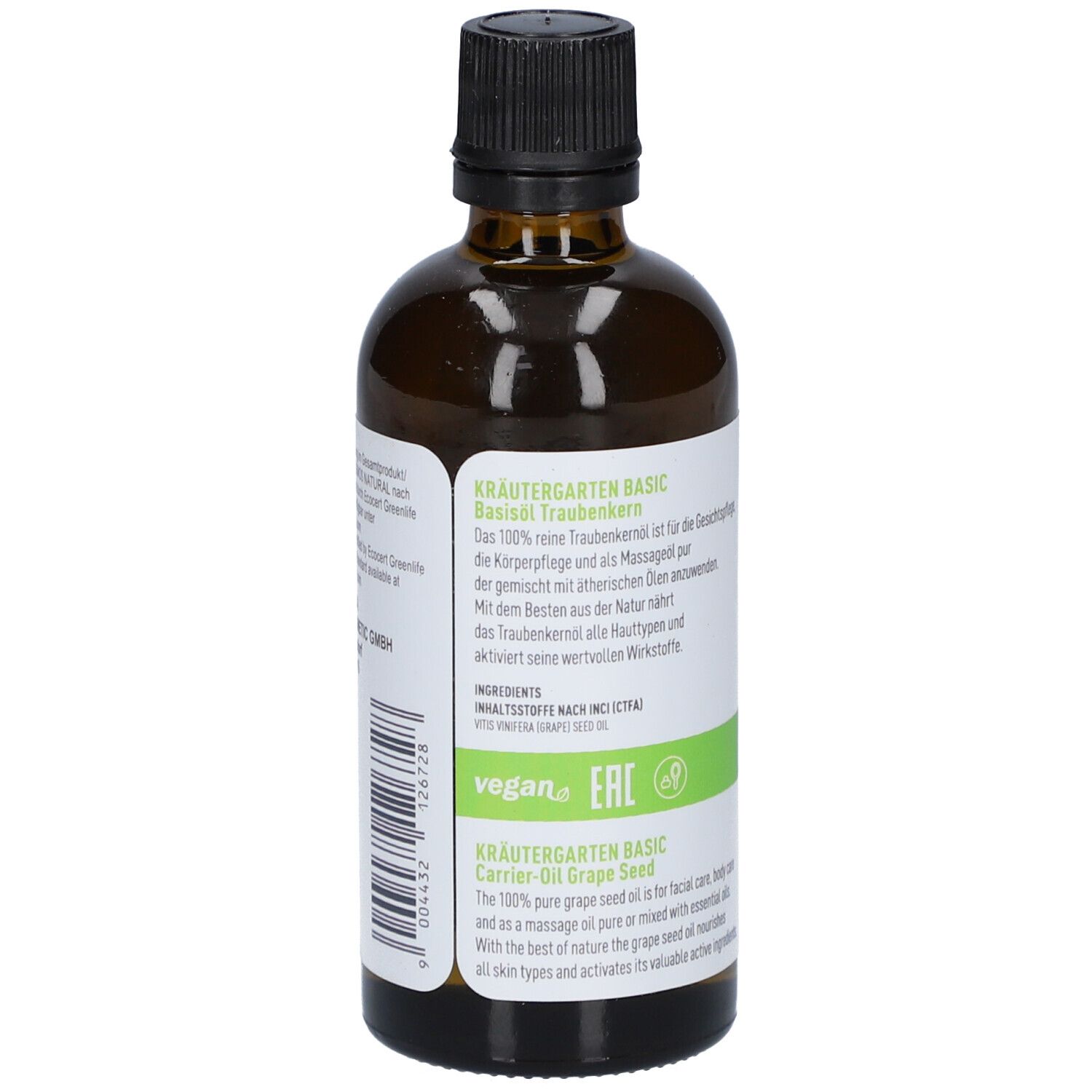 Braune Glasflasche mit schwarzem Deckel. Weißes Etikett mit Text: Kräutergarten BASIC, Traubenkernöl. Vegan-Siegel. Text in Englisch und Deutsch.