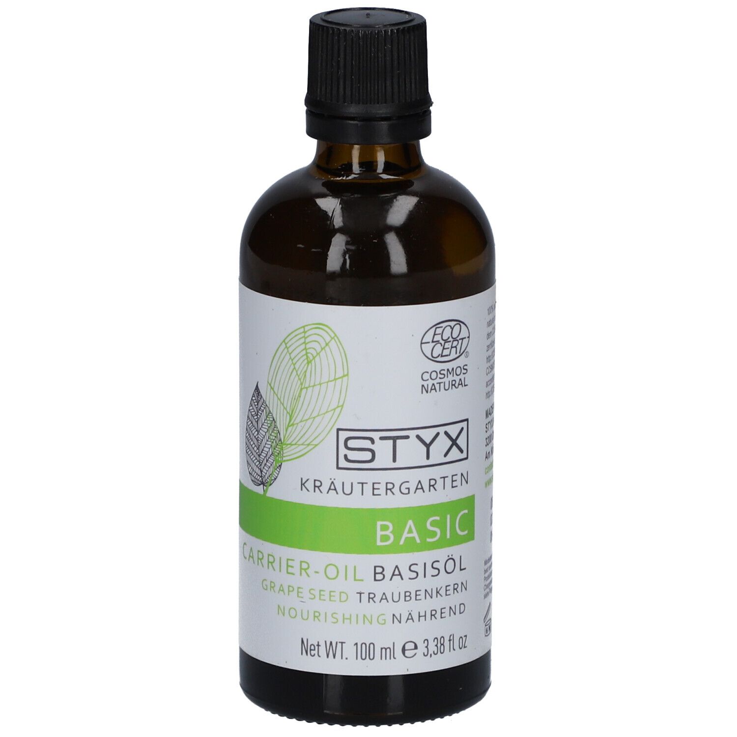 Braune Glasflasche mit schwarzem Deckel. Weißes Etikett mit STYX-Logo, Kräutergarten, BASIC, Traubenkernöl. ECO CERT-Siegel.