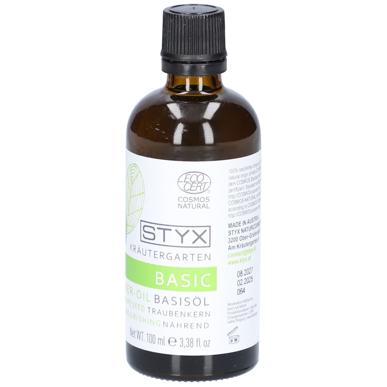 Braune Glasflasche mit schwarzem Deckel. Weißes Etikett mit STYX-Logo, Kräutergarten, BASIC, Traubenkernöl. ECO CERT-Siegel. Haltbarkeitsdatum.