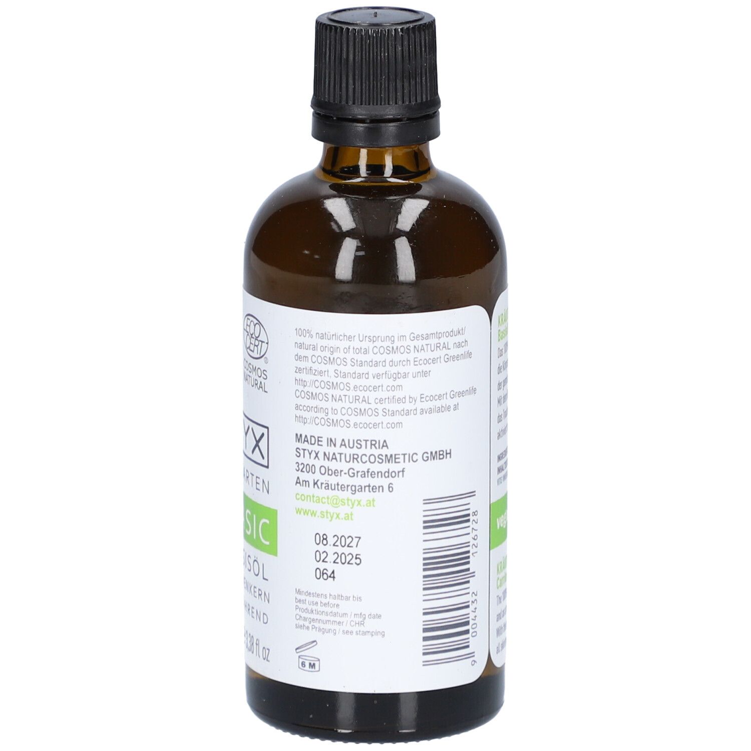 Braune Glasflasche mit schwarzem Deckel. Rückseite mit Text und Siegeln. STYX-Logo. ECO CERT-Siegel. Vegan-Siegel. Haltbarkeitsdatum.