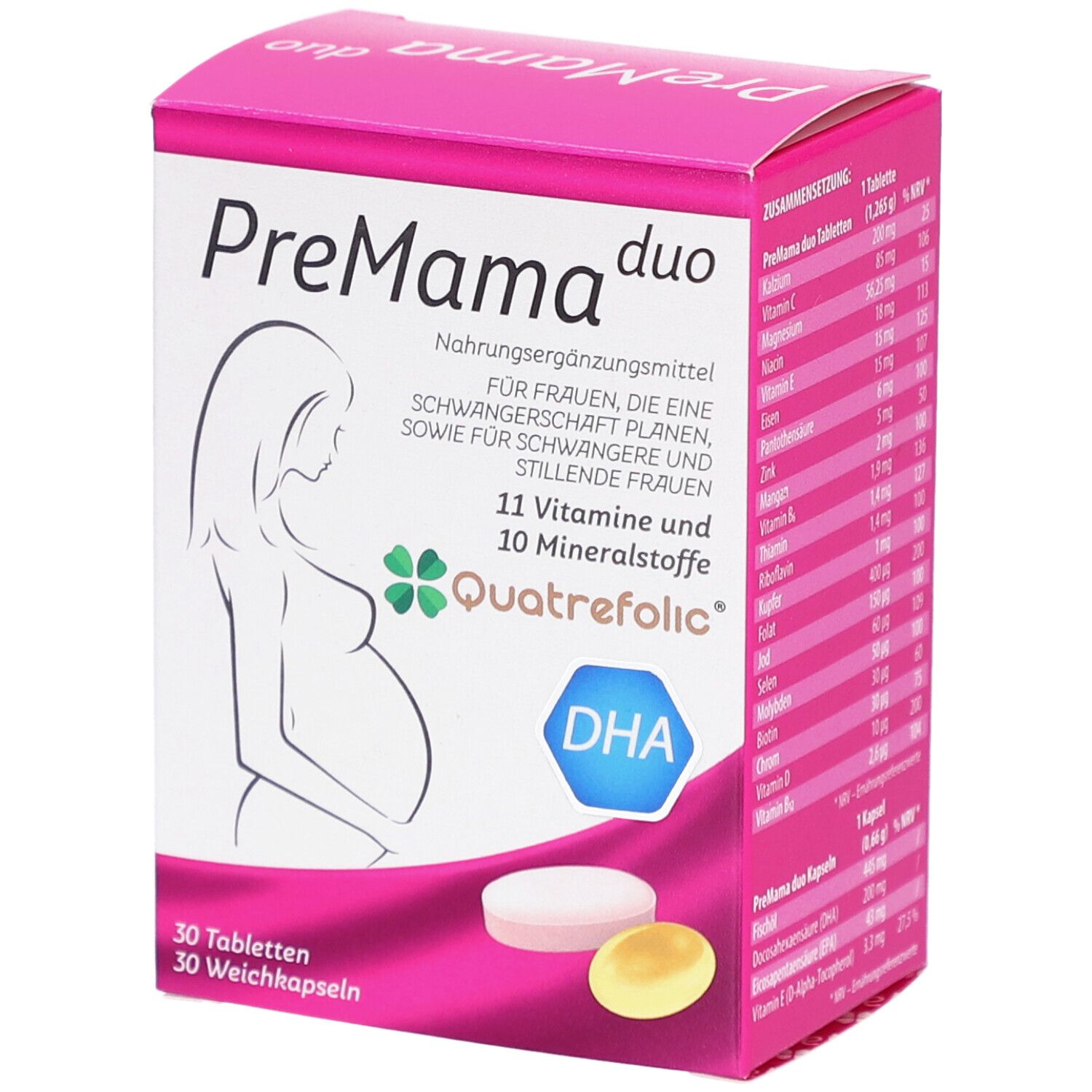 PreMama duo Tabletten & Weichkapseln. Rosa Schachtel mit Produktabbildung und Text. Enthält 30 Tabletten und 30 Weichkapseln.