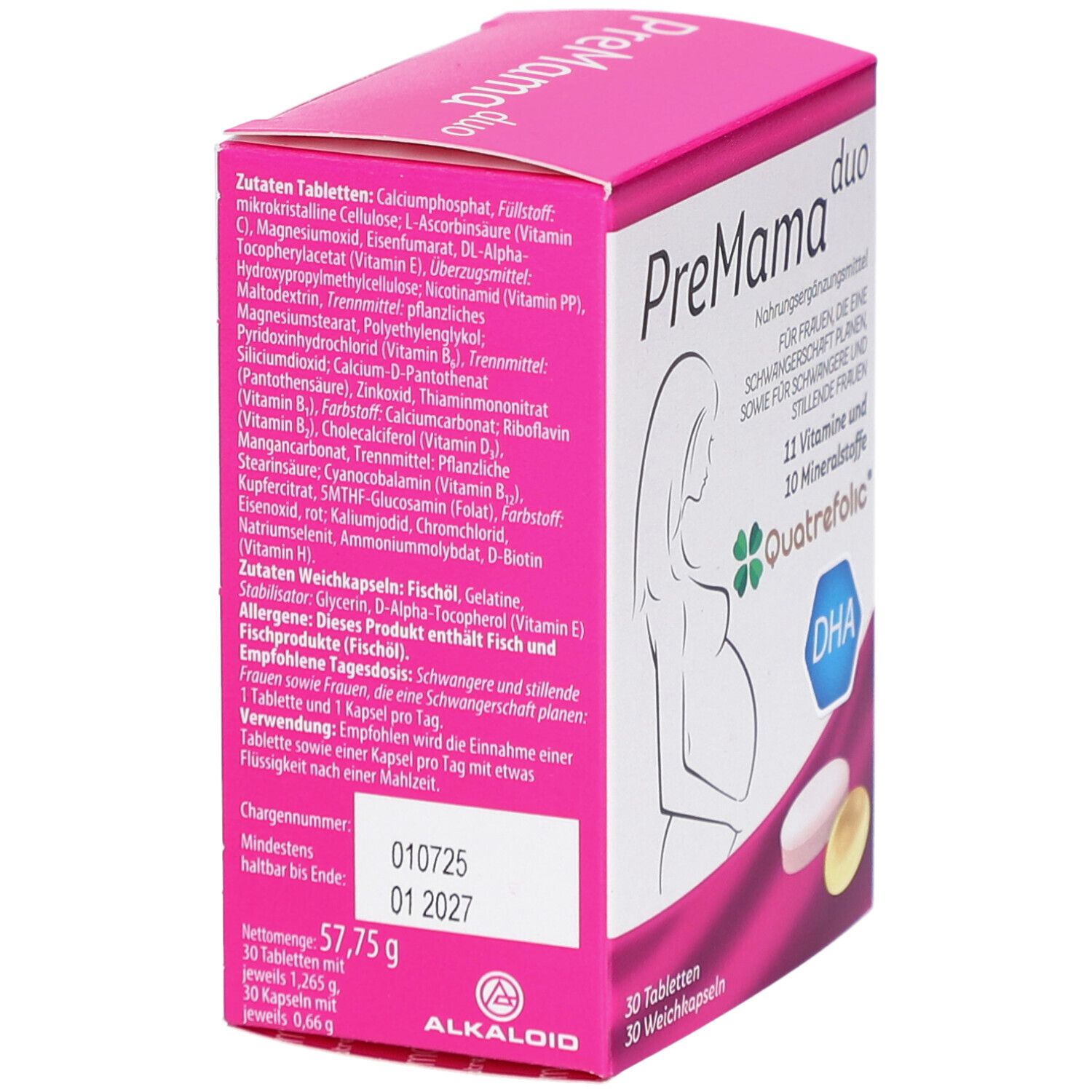 PreMama duo Schachtel, Rückseite. Enthält Zutatenlisten für Tabletten und Weichkapseln. Haltbarkeitsdatum: 01.2027.