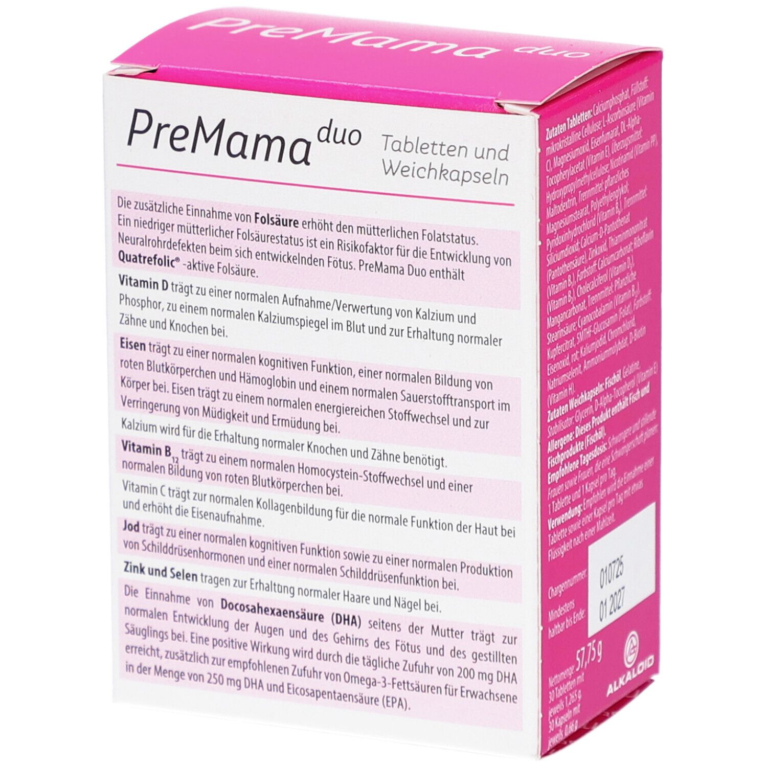 PreMama duo Schachtel, Seite. Text über die Inhaltsstoffe und deren Wirkung. Enthält Informationen zu Vitaminen und Mineralstoffen.