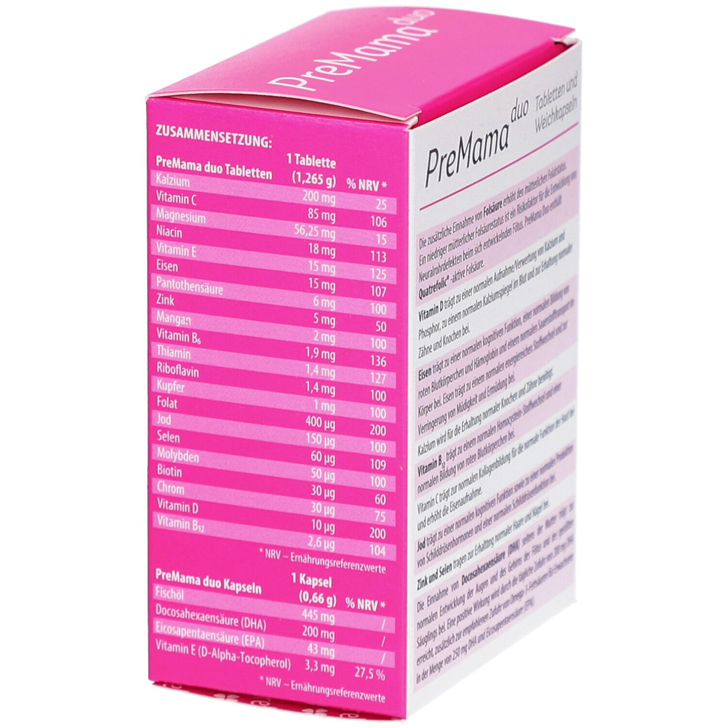 PreMama duo Schachtel, Seite. Enthält Nährwertangaben pro Tablette und Kapsel. Auflistung von Vitaminen und Mineralstoffen.