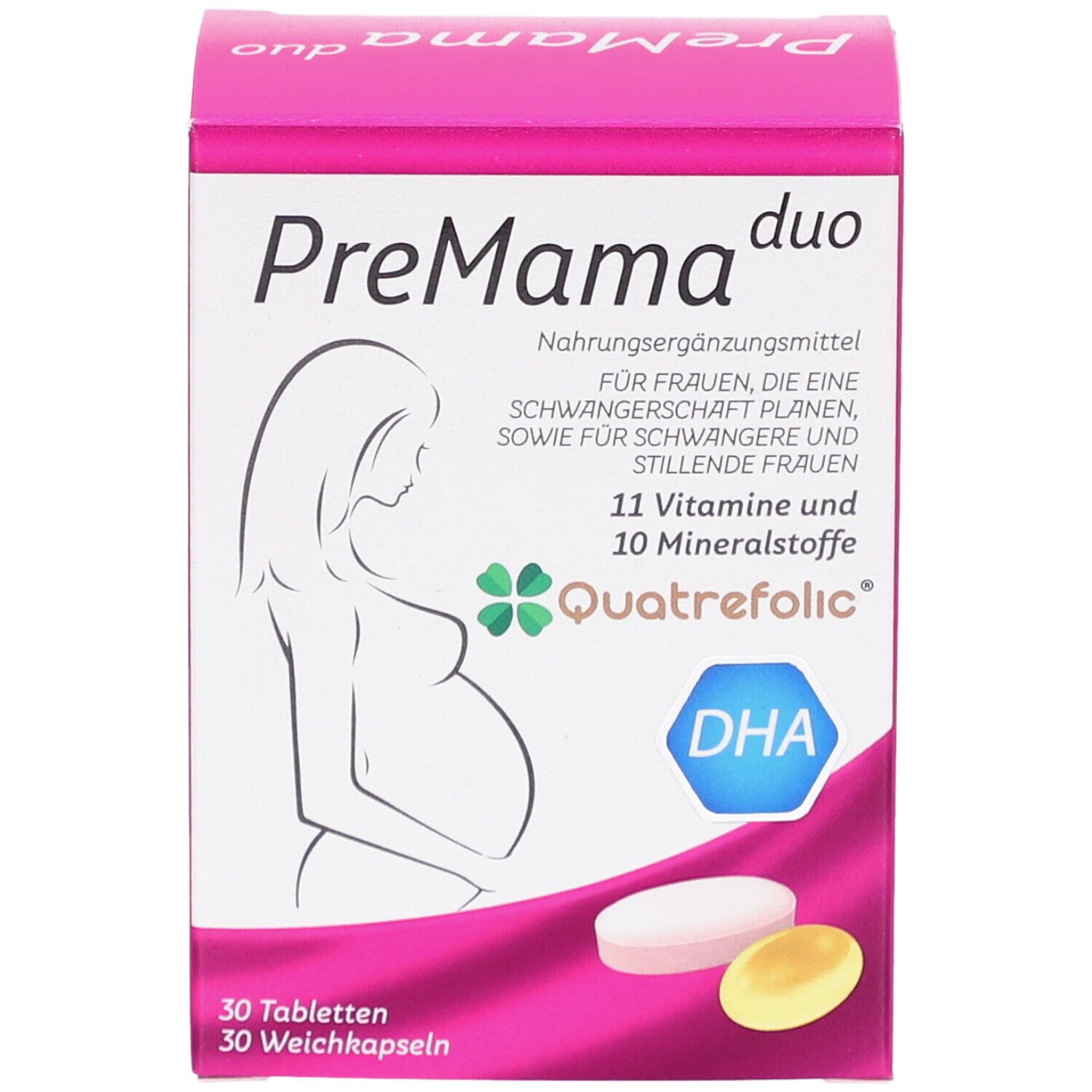 PreMama duo Tabletten & Weichkapseln. Rosa Schachtel mit Produktabbildung und Text. Enthält 30 Tabletten und 30 Weichkapseln.