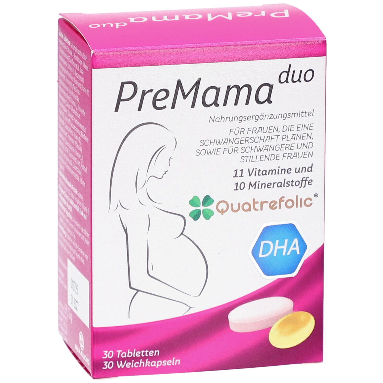 PreMama duo Tabletten & Weichkapseln. Rosa Schachtel mit Produktabbildung und Text. Enthält 30 Tabletten und 30 Weichkapseln.