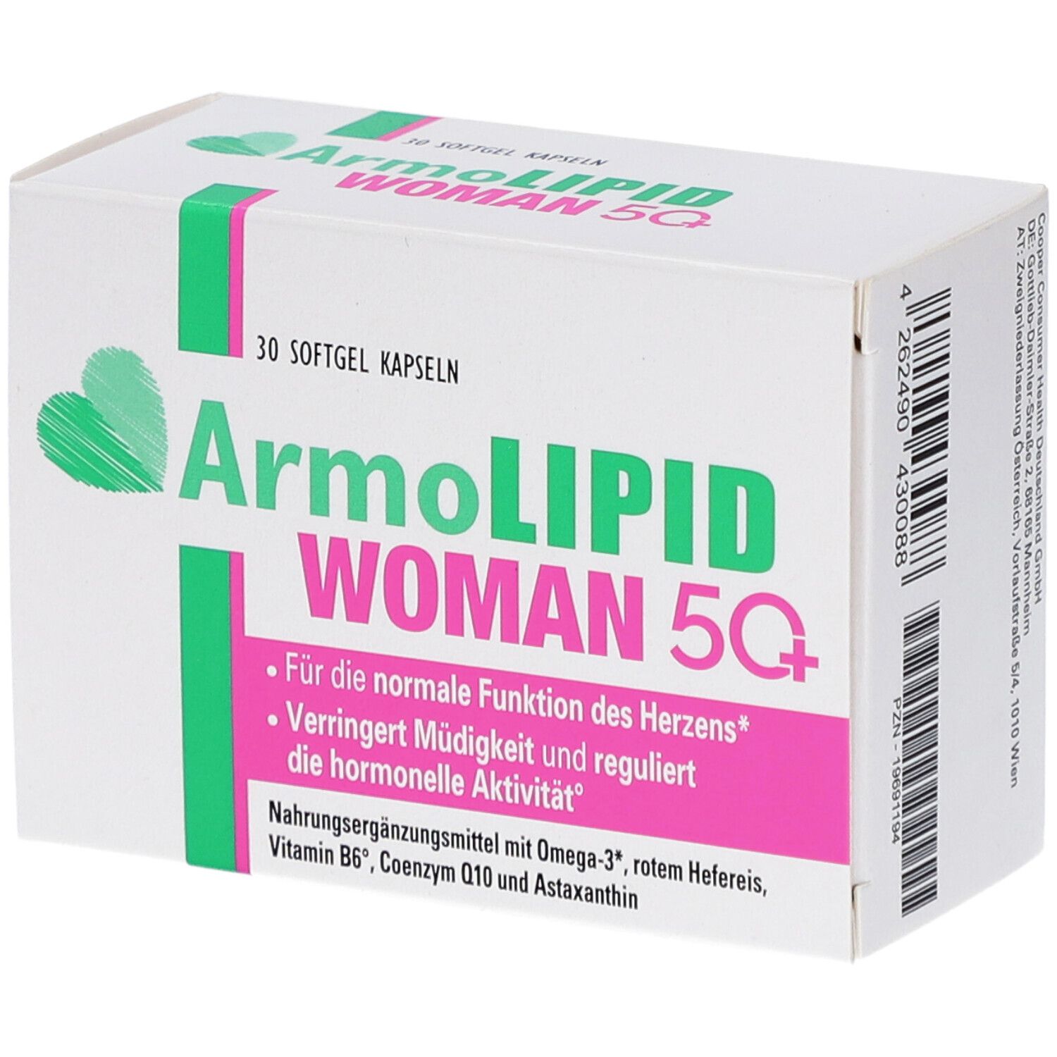 Weiße Schachtel mit Aufschrift ARMOLIPID WOMAN 5Q+. Enthält 30 Softgel Kapseln. Text in Grün und Pink.