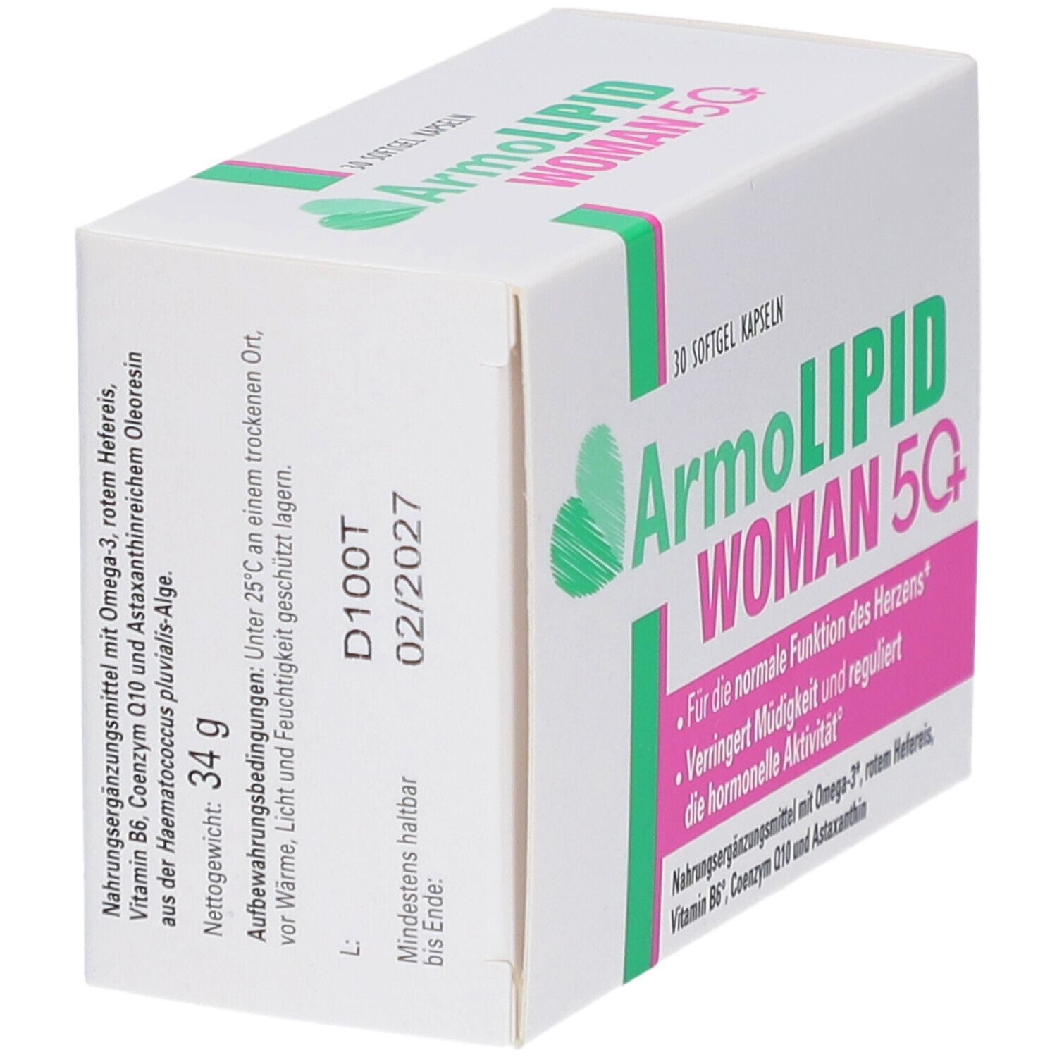Weiße Schachtel mit Aufschrift ARMOLIPID WOMAN 5Q+. Enthält 30 Softgel Kapseln. Text in Grün und Pink. Aufdruck mit Mindesthaltbarkeitsdatum.