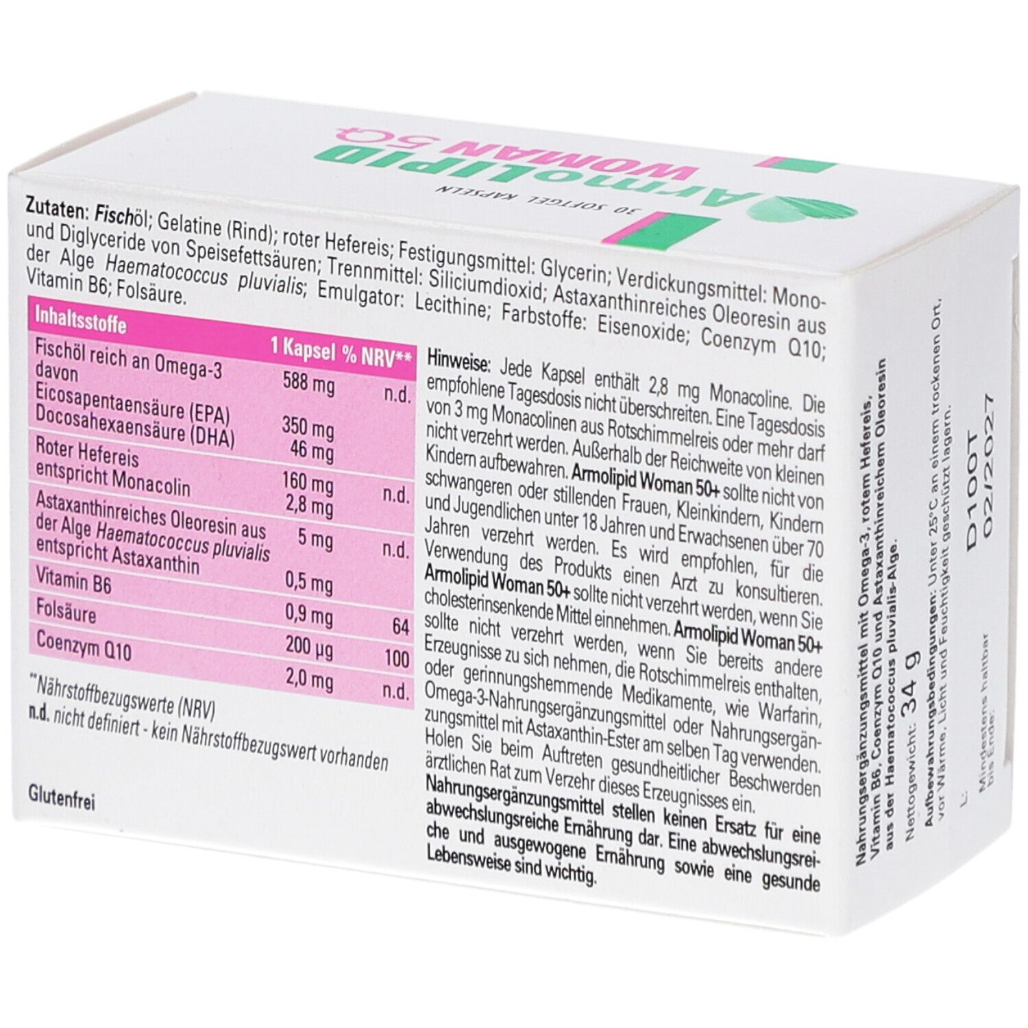 Weiße Schachtel mit Inhaltsstoffangaben und Nährwerttabelle. Enthält ARMOLIPID WOMAN 5Q+. Text in Schwarz.