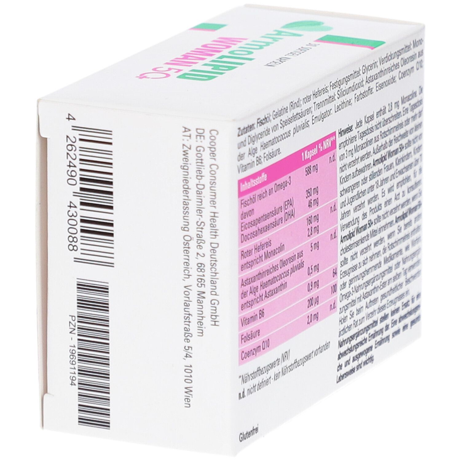 Weiße Schachtel mit Barcode und Inhaltsstoffangaben. Enthält ARMOLIPID WOMAN 5Q+. Text in Schwarz.