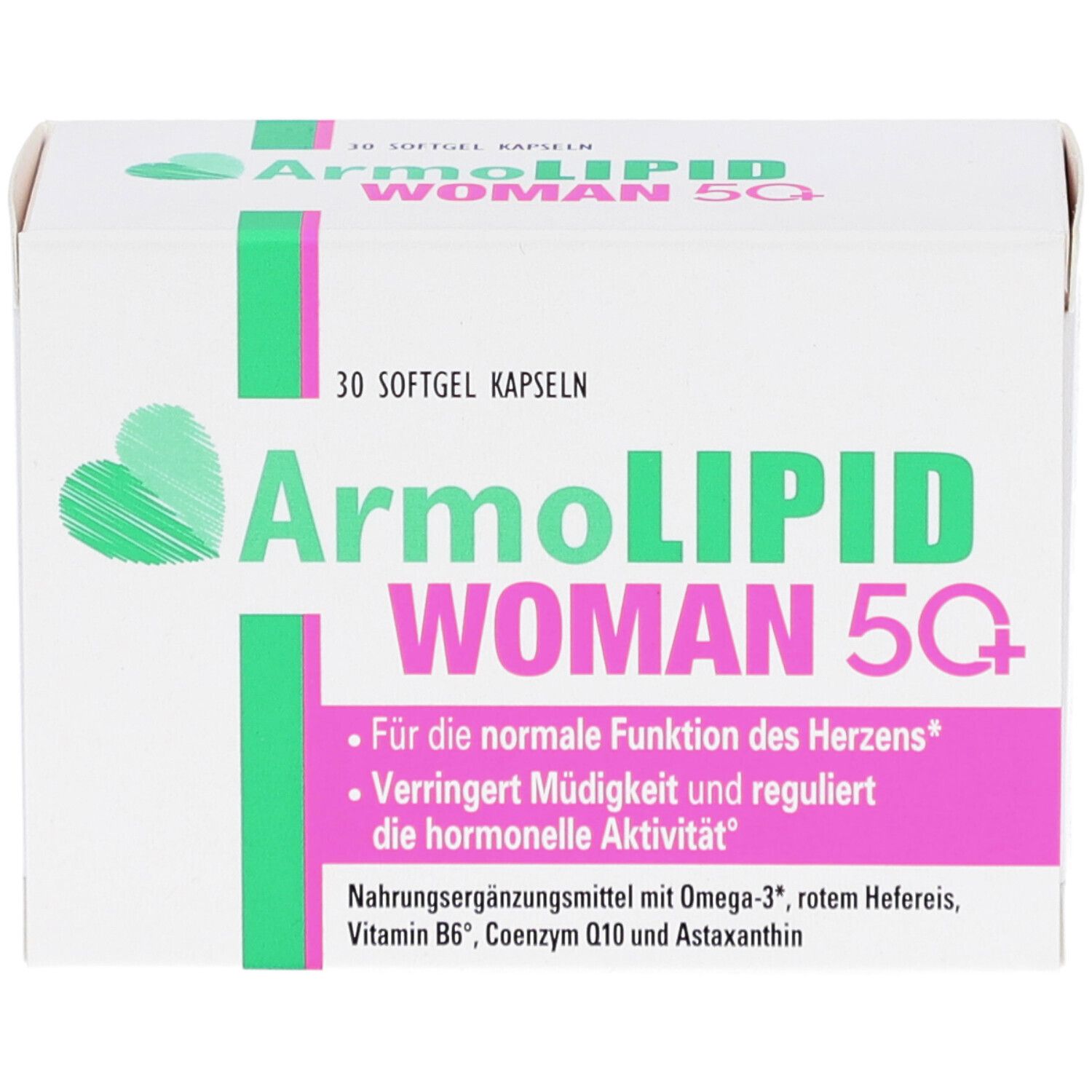 Weiße Schachtel mit Aufschrift ARMOLIPID WOMAN 5Q+. Enthält 30 Softgel Kapseln. Text in Grün und Pink.