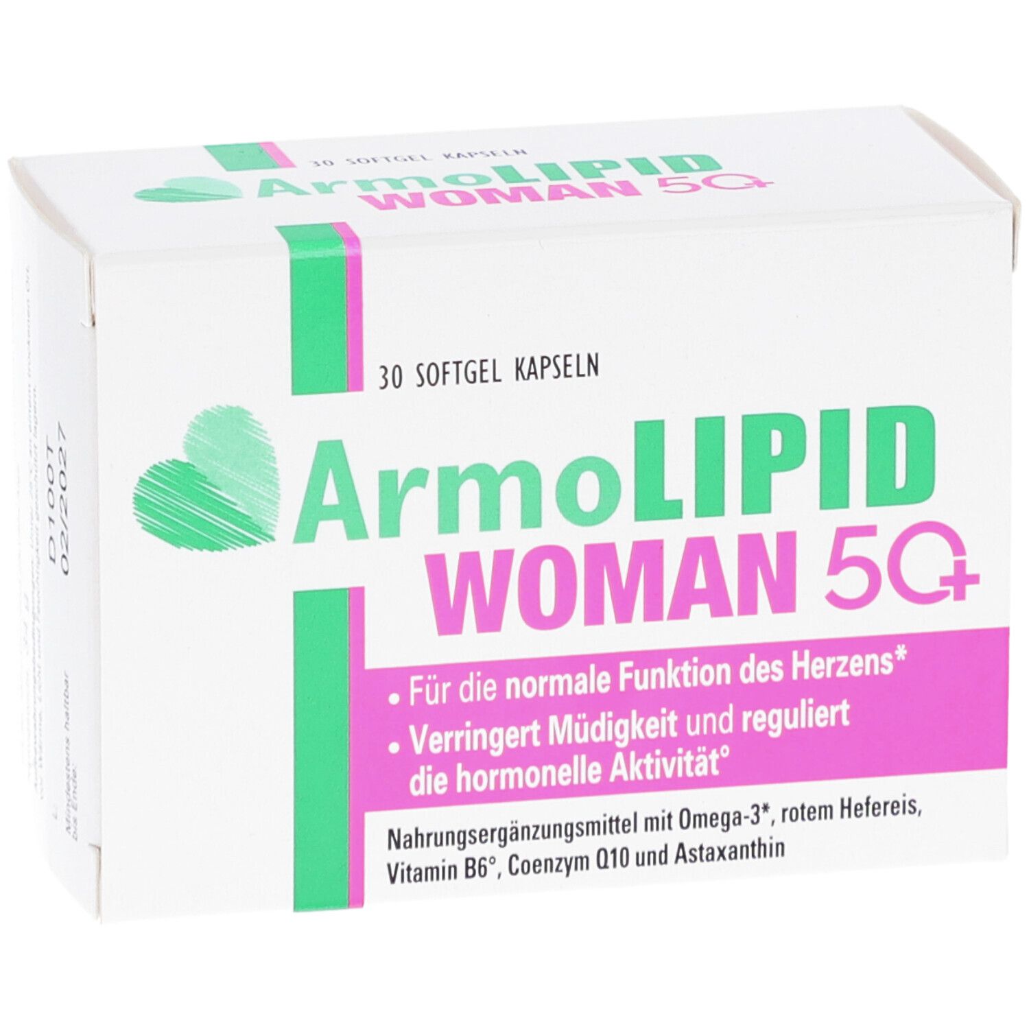 Weiße Schachtel mit Aufschrift ARMOLIPID WOMAN 5Q+. Enthält 30 Softgel Kapseln. Text in Grün und Pink. Aufdruck mit Mindesthaltbarkeitsdatum.