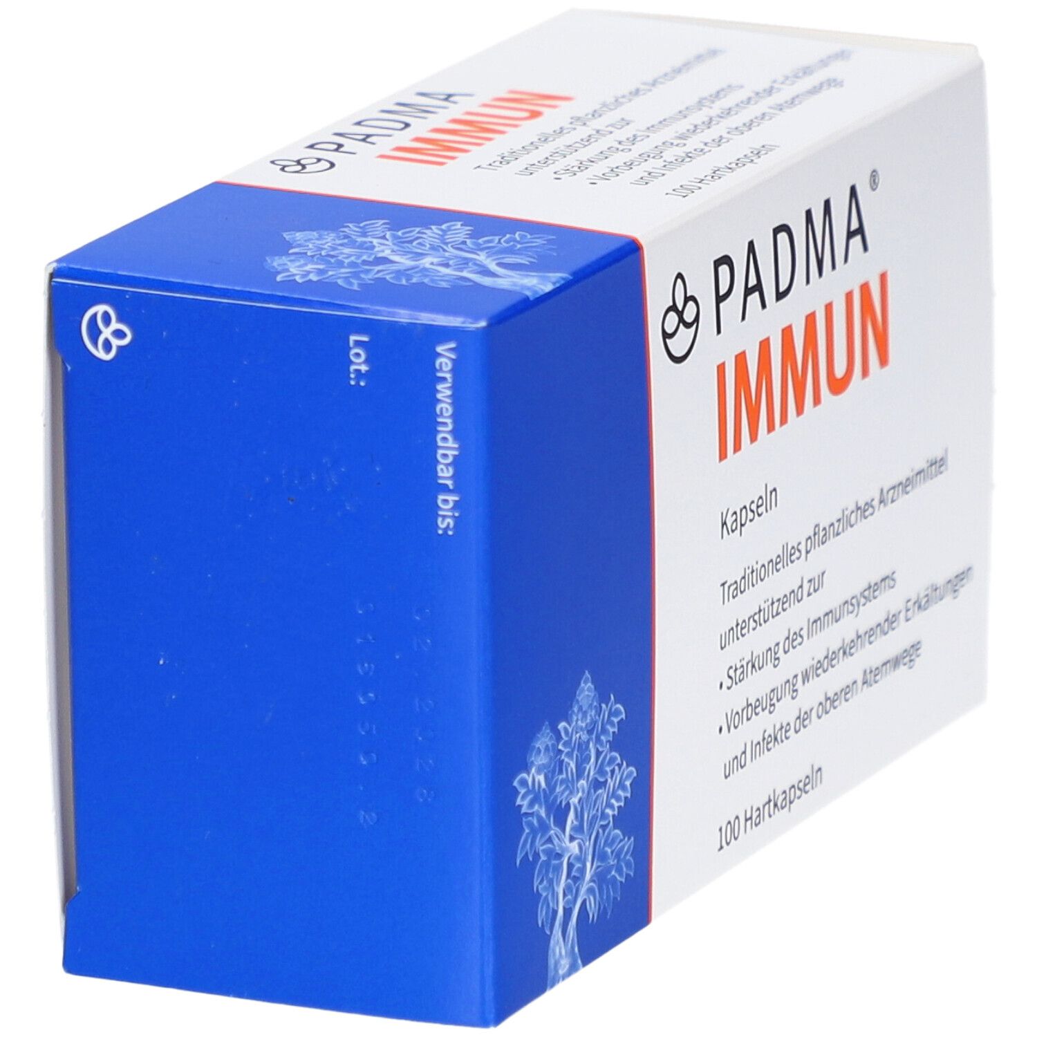 Blaue Seite der PADMA IMMUN Kapseln-Schachtel. Text: Verwendbar bis: Lot: und ein Baum-Motiv.
