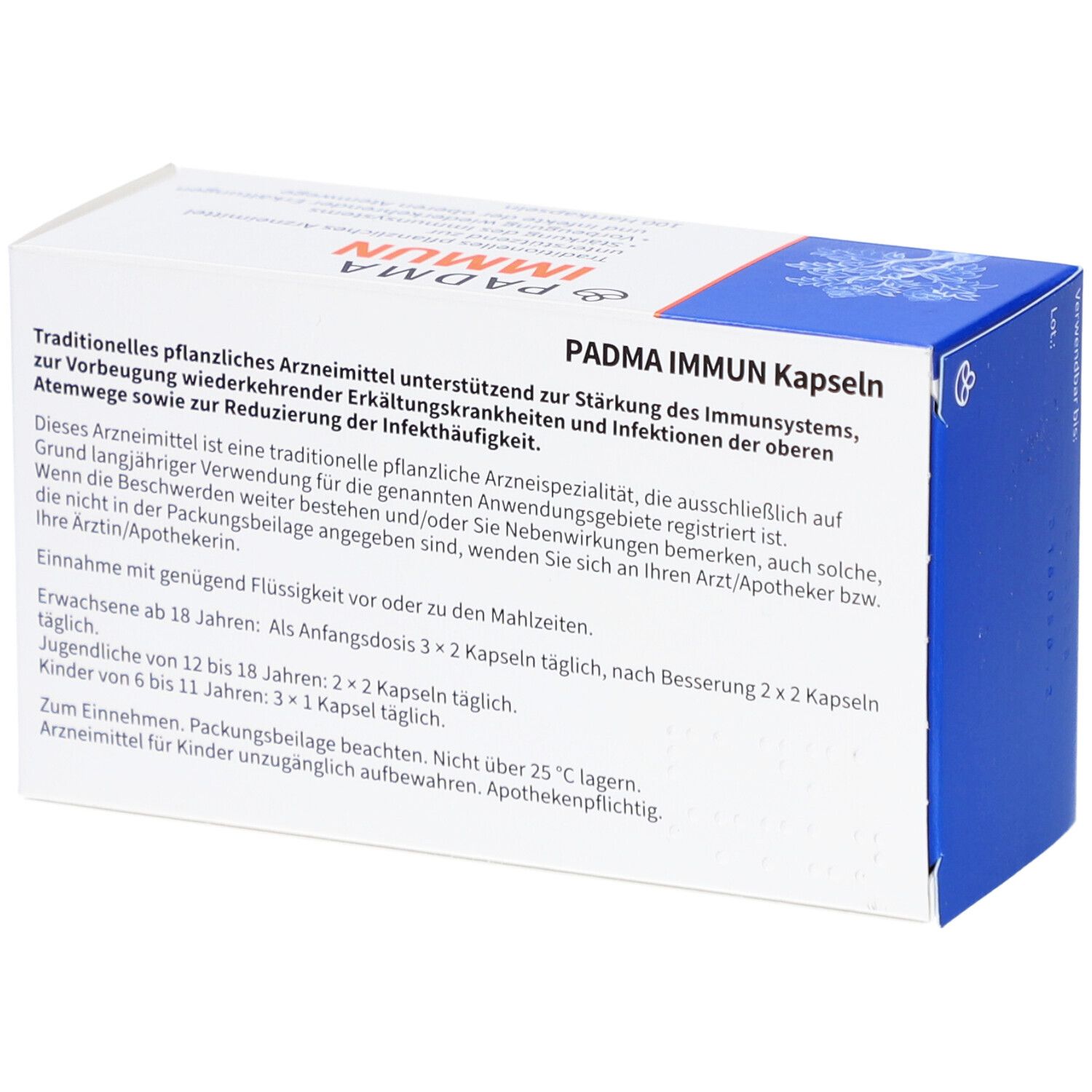 Rückseite der PADMA IMMUN Kapseln-Schachtel. Text: PADMA IMMUN Kapseln, Anwendungsgebiete, Dosierung, Apothekenpflichtig.