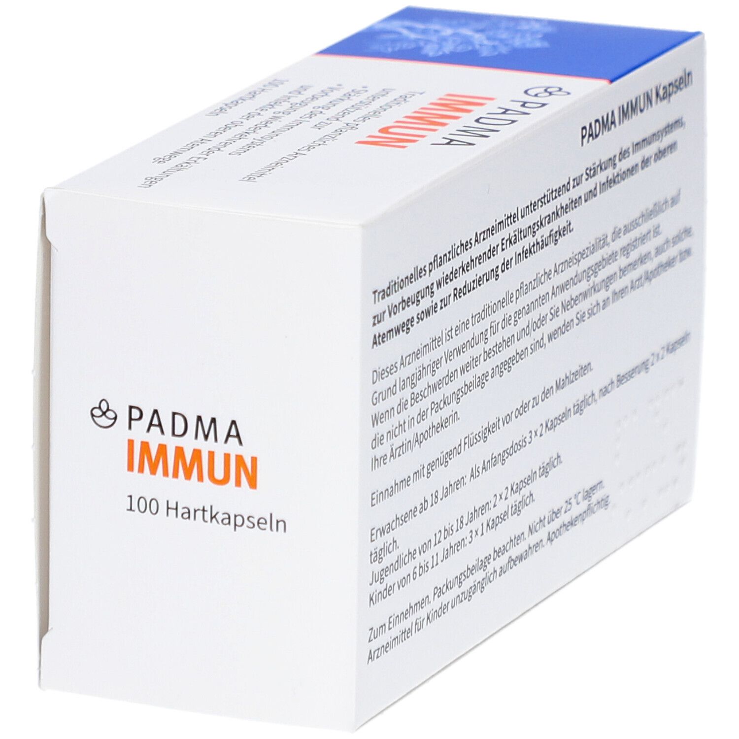 PADMA IMMUN Kapseln-Schachtel, schräg. Text: PADMA IMMUN, 100 Hartkapseln, Anwendungsgebiete.