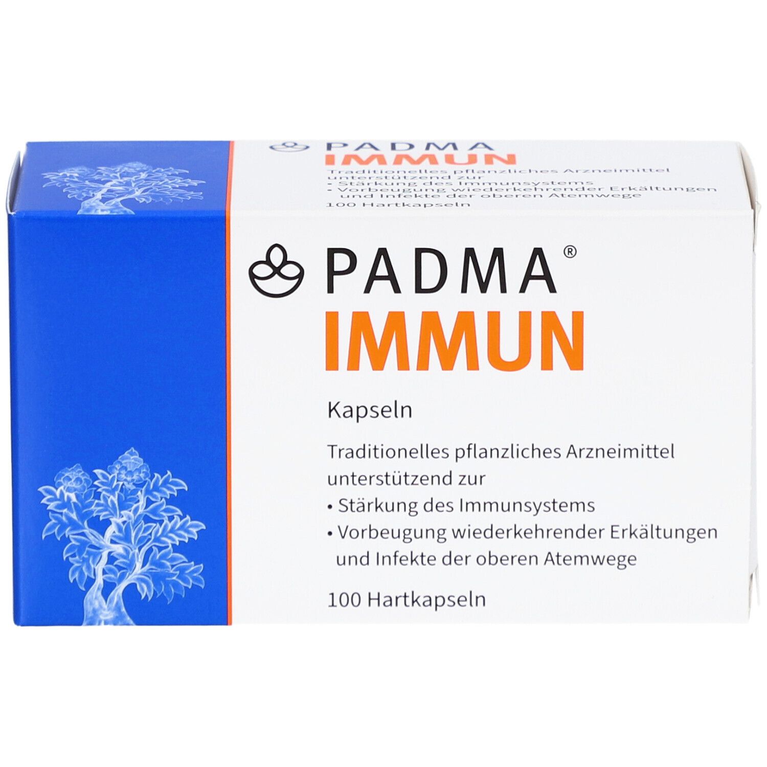 Vorderseite der PADMA IMMUN Kapseln-Schachtel. Text: PADMA IMMUN, Kapseln, traditionelles pflanzliches Arzneimittel.