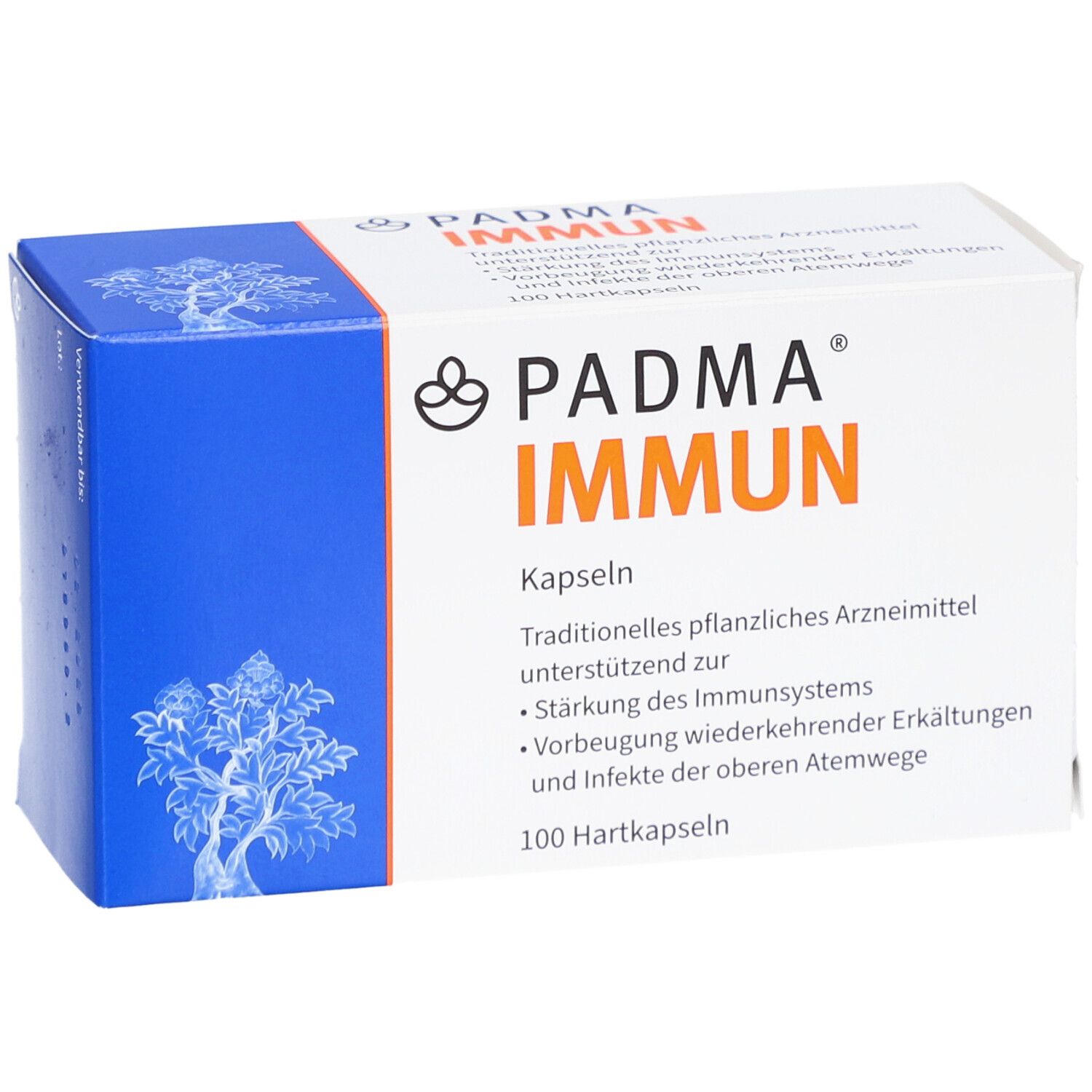 PADMA IMMUN Kapseln-Schachtel. Text: PADMA IMMUN, Kapseln, 100 Hartkapseln, traditionelles pflanzliches Arzneimittel.