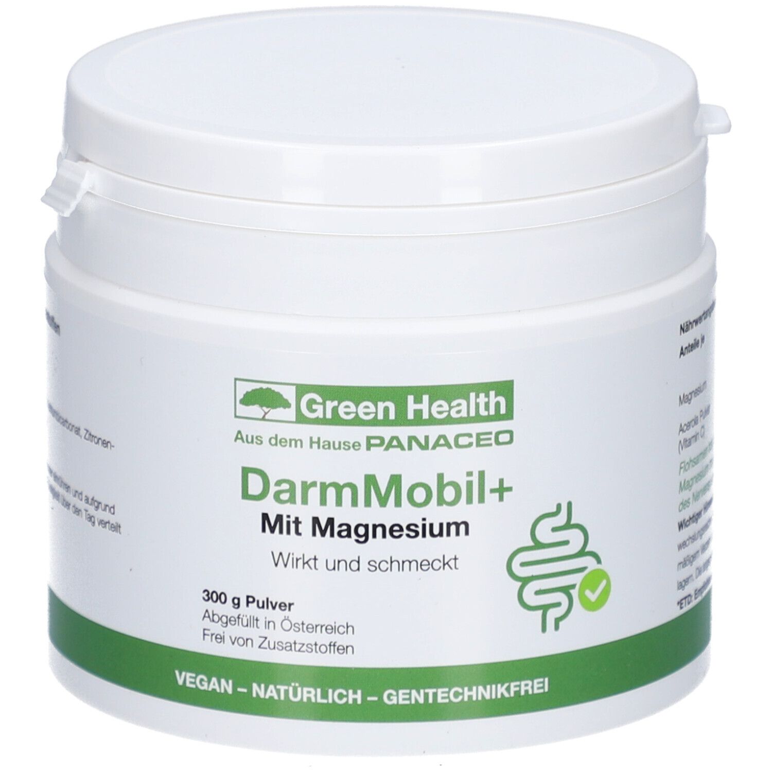 Weißes Dose mit grünem Etikett. Aufschrift: DarmMobil+ Mit Magnesium. 300g Pulver. Vegan, natürlich, gentechnikfrei.