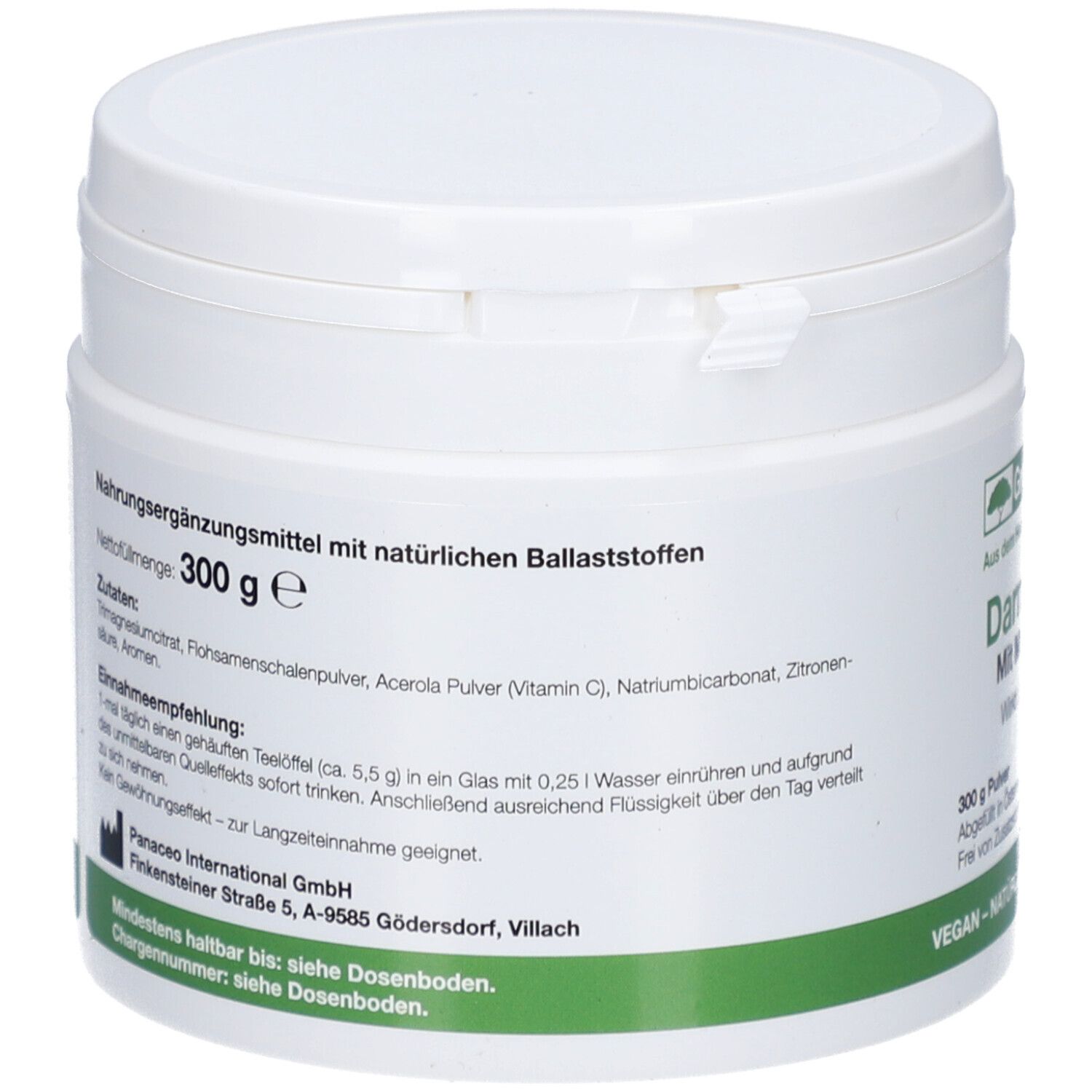 Rückseite der weißen Dose. Text: Nahrungsergänzungsmittel mit natürlichen Ballaststoffen. 300 g. Zutaten, Anwendungshinweise, Hersteller.