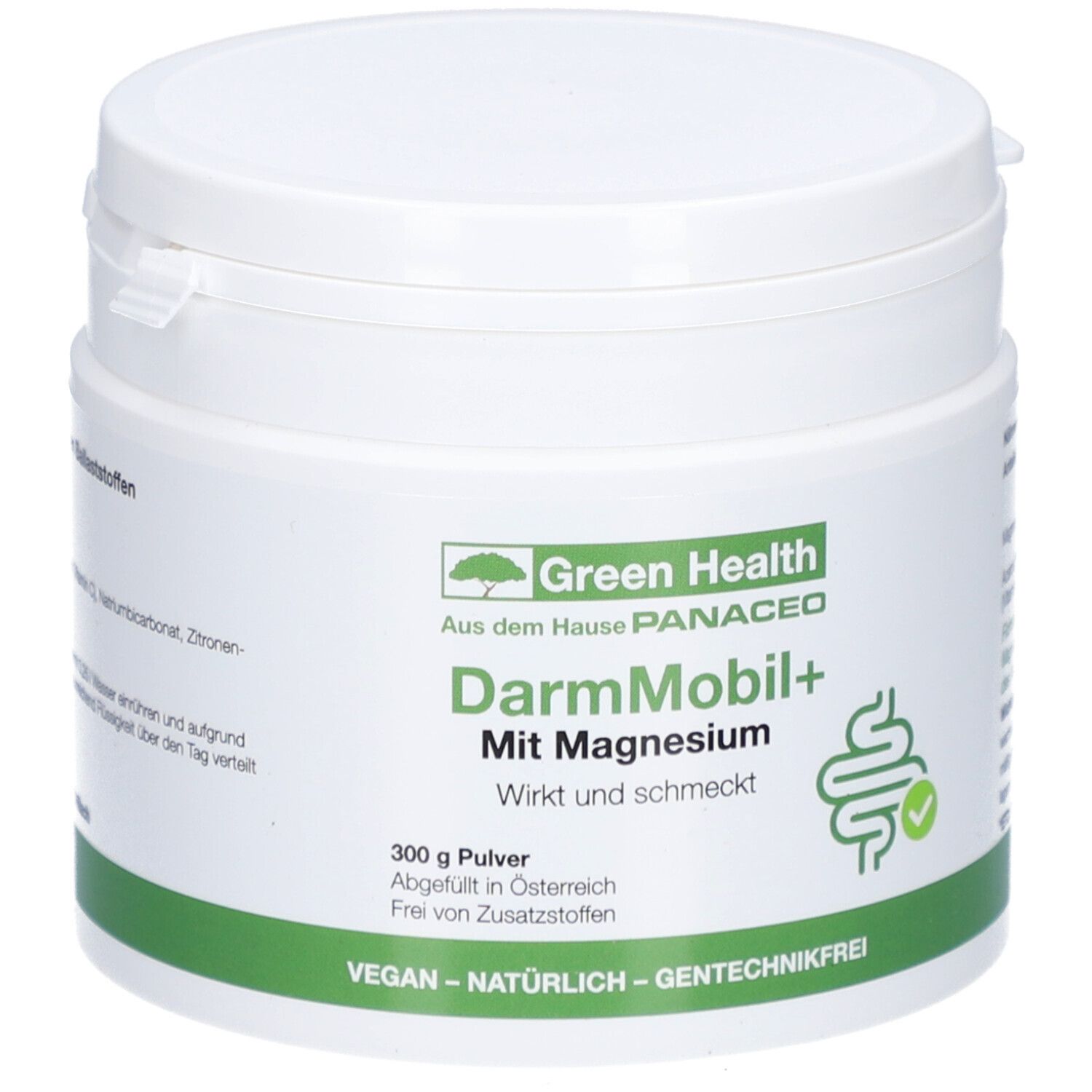 Weißes Dose mit grünem Etikett. Aufschrift: DarmMobil+ Mit Magnesium. 300g Pulver. Vegan, natürlich, gentechnikfrei.