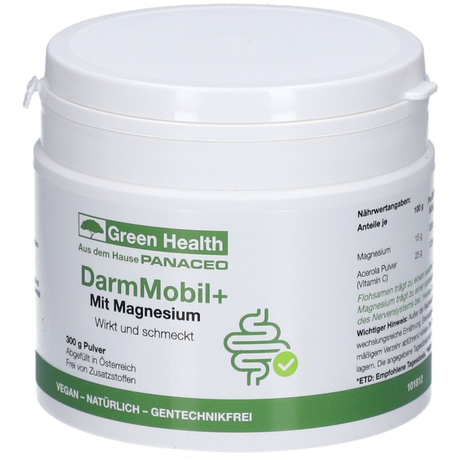 Weißes Dose mit grünem Etikett. Aufschrift: DarmMobil+ Mit Magnesium. 300g Pulver. Vegan, natürlich, gentechnikfrei. Nährwertangaben.